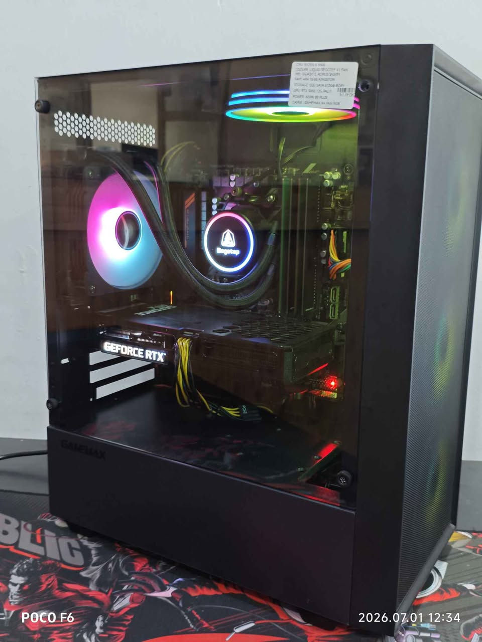 CPU: RYZEN 5 5500
COOLER: LIQUID SEGOTEP X1 FAN
MB: GIGABYTE AORUS B450M
RAM: 4X4 16GB KINGSTON
STORAGE: SSD SATA 512GB BORY
GPU: RTX 3060 12G PALIT
POWER: 600W 80 PLUS
CAVAR: GAMEMAX X4 FAN RGB
PRICE : 600$

هەولیر سولتان مزەفەر 
*********** أربيل, العراق
