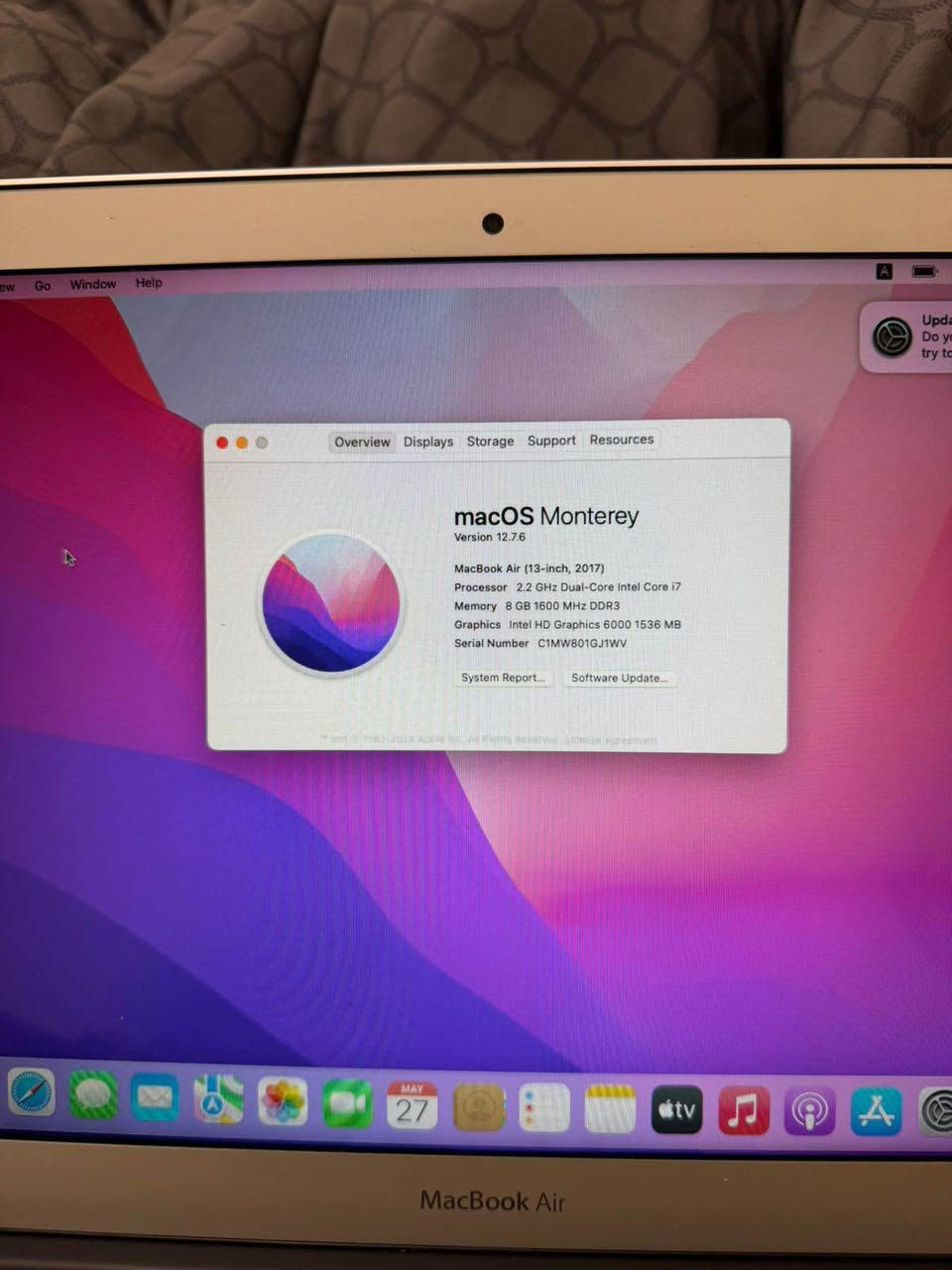 للبيع MacBook Air 2017 امريكي بحالة جيدة 

• شاشة 13 إنج
• معالج Intel Core i7 بسرعة 2.2GHz
• رام 8GB DDR3
• كارت شاشة Intel HD Graphics 6000
• نظام macOS Monterey
• البطارية Condition: Normal
• Cycle Count: 612
• الجهاز شغال ممتاز بدون مشاكل وبي ضربة بسيطة على الجانب ما مأثرة على شي
• ويا الشاحن الاصلي

السعر: 350 الف
مكاني:اربيل-موصل أربيل, العراق


**إذا كنت صاحب هذا الإعلان وتريد حذفه لأي سبب، رجاءا أرسل رسالة إلى الدعم الفني**