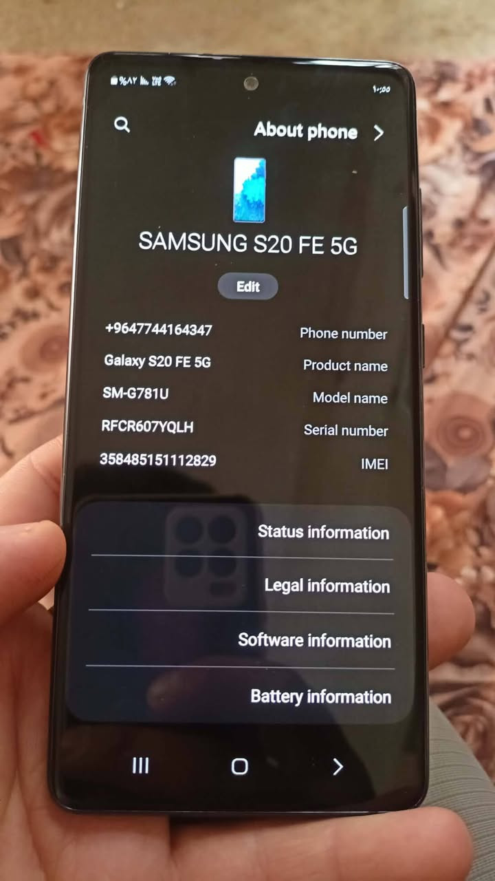 SAMSUNG S20 FE 5G 
جهاز جدا نظيف ولا شخط مابي
لون ازرق نيلي 

مواصفات الجهاز :

شاشة :
SUPER AMOLED   120HZ
ذاكرة:
128Gb
رام 6+6
بطاريه 4500+شحن 25 واط + شحن لاسلكي 
معالج SNAPDRAGON 865 5G
الجهاز بدون ملحقات فقط كابل  
السعر المطلوب : 210 بي مجال بسيط 
مكاني صلاح الدين قضاء طوز خورماتو
وهذا رقمي ***********
ماعندي توصيل
