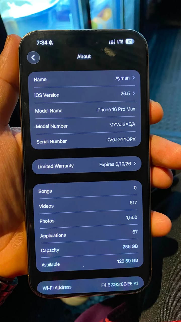 � للبيع | iPhone 16 Pro Max
🔹 سعة 256GB
🔹 اللون: Gold Titanium (ذهبي)
🔹 الجهاز نظيف جدًا، بدون أي خدش أو جلخة
🔹 مع الكارتون وجميع الملحقات الأصلية
🔹 نسبة البطارية 92%
🔹 لم يُفتح أو يُفك أي برغي نهائيًا
🔹 على الفحص بأي مركز تختاره

💰 السعر: 860 دولار

📍 الموقع: دهوك

📞 ***********
