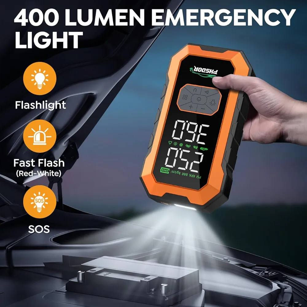 هذا المنتج هو جهاز PHSDOR متعدد الوظائف للطوارئ، يجمع بين مشغل بطارية السيارة ومنفاخ إطارات.
مشغل البطارية (Jump Starter): يتميز بتيار ذروة عالي يصل إلى 8000 أمبير وبطارية بسعة 25000 مللي أمبير، مما يجعله مناسبًا لتشغيل محركات البنزين والديزل. 
ضاغط الهواء (Tire Inflator): مزود بضاغط هواء بضغط يصل إلى 150 رطل لكل بوصة مربعة (PSI) لإطارات السيارات والدراجات، مع خاصية الإغلاق التلقائي. 
بنك طاقة ومصباح: يحتوي على منافذ USB لشحن الأجهزة الإلكترونية ومصباح LED للطوارئ بثلاثة أوضاع تشغيل. 
شاشة عرض: شاشة رقمية تظهر ضغط الإطارات الحالي والمستهدف، بالإضافة إلى مؤشر مستوى البطارية.


**إذا كنت صاحب هذا الإعلان وتريد حذفه لأي سبب، رجاءا أرسل رسالة إلى الدعم الفني**