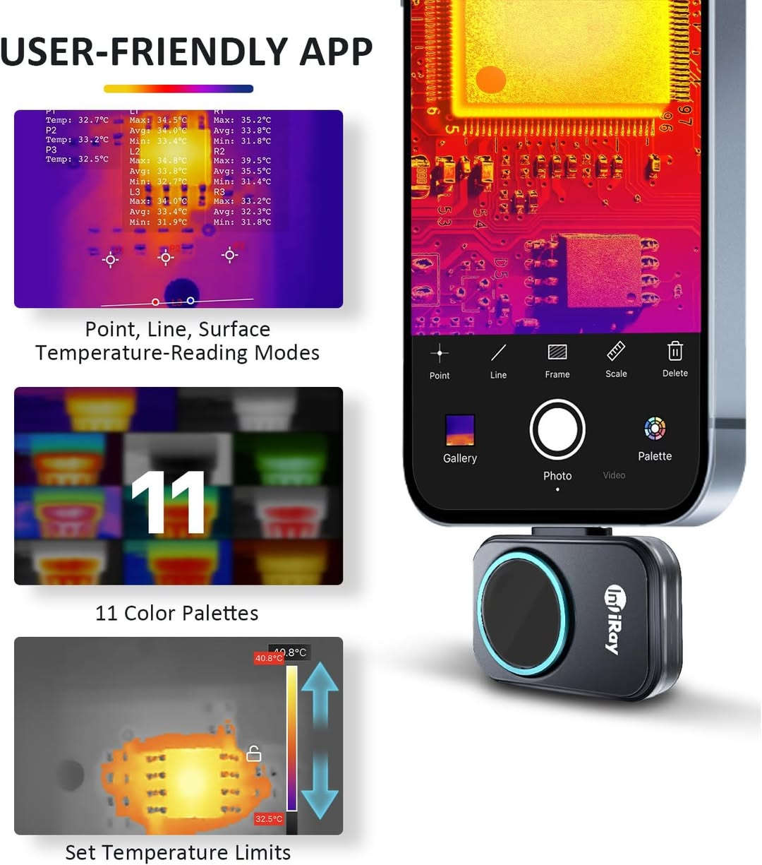 كاميرا التصوير الحراري Xinfrared P2 Pro، مستشعر InfiRay بتردد 25 هرتز، دقة 256 × 192، نطاق اختبار موسع من -20 درجة مئوية إلى 600 درجة مئوية، هيكل معدني بالكامل بوزن 9 غرامات (معدن بالكامل، لنظام iOS
ماركة
الأشعة تحت الحمراء
ميزة خاصة
دقة عالية
الفئة العمرية (الوصف)
الكبار والأطفال
المكونات المضمنة
كاميرا تصوير حراري واحدة
المادة الخارجية
معدن
نوع العرض
شاشة LCD
تقنية الاتصال
USB
عدد الوحدات
1.0 عدد
مصدر الطاقة
يعمل بالبطارية
اسم الطراز
بي 2 برو
حول هذا المنتج
التصوير الحراري عالي الدقة: يلتقط صورًا تفصيلية بناءً على الحرارة المنبعثة من الأجسام بدقة عالية تبلغ 256×192 ونطاق واسع لدرجات الحرارة من -20 درجة مئوية إلى 600 درجة مئوية. مثالي للكشف عن النقاط الساخنة في المعدات الكهربائية أو تشخيص أعطال الصيانة المنزلية مثل تسربات المياه، ومشاكل العزل، أو تحديد النقاط الباردة.
تحليل قوي: بفضل ميزات التحليل الثانوي، يمكنك بسهولة تحديد المشكلات المحتملة واتخاذ الإجراءات التصحيحية لتوفير الوقت والمال. يُتيح لك هذا النظام استكشاف أعطال المكونات الإلكترونية بكفاءة، أو تقليل استهلاك الطاقة عن طريق الكشف عن تسربات الحرارة في المباني.
سرعة تصوير فائقة: استمتع بمعدل تحديث 25 هرتز يضمن تسجيل فيديو سلس، مثالي لمراقبة الأهداف المتحركة أو تحديد المخاطر المحتملة. اعثر بسرعة على الأشخاص أو الحيوانات في ظروف الرؤية الضعيفة أو التقط صورًا للأجسام سريعة الحركة لأغراض الفحص.
بنية قوية: باعتبارها أصغر كاميرا تصوير حراري في السوق مزودة بهيكل معدني كامل 9G، تم تصميم كاميرا التصوير الحراري هذه للتعامل مع الظروف القاسية والبيئات الصعبة وضمان الأداء طويل الأمد.
خدمة العملاء: نسعى جاهدين لتوفير تجربة استثنائية لعملائنا من خلال التطوير المستمر لبرامجنا لجعلها أكثر سهولة في الاستخدام. بالإضافة إلى ذلك، لدينا فريق يضم أكثر من 20 مهندسًا يقدمون خدمة عملاء احترافية. إذا واجهت أي مشاكل أثناء الاستخدام، فلا تتردد في الاتصال بنا فورًا.
وصف المنتج
مقدمة عن جهاز P2 Pro:
كاميرا Xinfrared P2 Pro هي كاميرا تصوير حراري فائقة الدقة، تلتقط صورًا تفصيلية بناءً على الانبعاثات الحرارية. بفضل دقتها العالية التي تبلغ 256×192 ونطاق درجة حرارتها الواسع من -20 درجة مئوية إلى 600 درجة مئوية، تُعدّ مثاليةً للكشف عن النقاط الساخنة في الأجهزة الكهربائية، وتشخيص أعطال الصيانة المنزلية، وغير ذلك الكثير. تُمكّنك وظائف التحليل المتقدمة من تحديد المشكلات المحتملة بسهولة واتخاذ الإجراءات التصحيحية اللازمة، مما يوفر الوقت والمال. مع معدل إطارات سريع يبلغ 25 هرتز، تضمن الكاميرا تسجيل فيديوهات سلسة وتُتيح تحديد مصادر الخطر المحتملة بسرعة. تصميمها سهل الاستخدام بفضل خاصية التوصيل والتشغيل، بينما يضمن هيكلها المعدني المتين (9G) أداءً طويل الأمد حتى في الظروف القاسية. إنها منتج عالي التقنية قادر على رصد البيئة وعرضها في الوقت الفعلي، مما يجعلها أداة لا غنى عنها للمحترفين وهواة الأعمال اليدوية على حد سواء.
بفضل نطاق درجة الحرارة الواسع الذي يتراوح من -20 درجة مئوية إلى 600 درجة مئوية، يجد جهاز P2 Pro مجموعة واسعة من التطبيقات في المجالات التالية:
بفضل نطاق درجة الحرارة الواسع الذي يتراوح من -20 درجة مئوية إلى 600 درجة مئوية، يجد جهاز P2 Pro مجموعة واسعة من التطبيقات في المجالات التالية:
1. الصناعة: في مجال التصنيع، يمكن استخدام كاميرا التصوير الحراري لمراقبة تغيرات درجة الحرارة على المعدات والآلات وكذلك للكشف عن الأخطاء أو الانحرافات المحتملة.
٢. البناء: من خلال مسح الأسطح، تستطيع كاميرا التصوير الحراري تحديد فقدان الحرارة، والتسريبات، والعيوب الإنشائية، وغيرها من المشاكل. وهذا يُسهم في تحسين كفاءة الطاقة في المباني، وتقليل استهلاك الطاقة، وزيادة الراحة الداخلية.
3. صناعة الطاقة: يمكن للمسح المنتظم للمعدات الرئيسية مثل المحولات والمفاتيح والعوازل أن يكشف عن الأحمال الزائدة أو التوصيلات المعيبة أو المشاكل الكهربائية المحتملة.
4. الحماية من الحرائق والسلامة: تستطيع كاميرا التصوير الحراري تحديد مصادر الحريق وتقدير مدى انتشاره لاتخاذ الإجراءات المناسبة. إضافةً إلى ذلك، يمكنها رصد علامات الحياة أثناء عمليات البحث والإنقاذ، ما يُحسّن من كفاءة هذه العمليات.
5. الطب: يمكن استخدامه لمراقبة درجة حرارة الجسم، والكشف عن الالتهابات، وتحديد مشاكل الدورة الدموية. تتيح كاميرا التصوير الحراري قياس درجة حرارة الجسم بسرعة ودون تلامس، وهي مفيدة بشكل خاص في المساحات الكبيرة.
دقة عالية في الأشعة تحت الحمراء ودقة في قياس درجة الحرارة
تتميز كاميرا التصوير الحراري InfiRay بدقة عالية في نطاق الأشعة تحت الحمراء تبلغ 256×192 بكسل، وتلتقط أدق التفاصيل بوضوح تام. وتتعزز هذه الدقة بفضل دقة قياس درجة الحرارة التي تصل إلى -7.78 درجة مئوية، مما يضمن لك الاعتماد على البيانات التي توفرها لتلبية احتياجاتك الخاصة، سواء كنت تجري عمليات تفتيش احترافية أو تستكشف الطبيعة.

تطبيق سهل الاستخدام مزود بميزات متقدمة
لتحسين تجربة استخدام كاميرا التصوير الحراري InfiRay، نقدم تطبيقًا قويًا وسهل الاستخدام. يتيح لك التطبيق التقاط درجات الحرارة وجمع البيانات بسهولة باستخدام تحديد النقاط أو الخطوط أو المستطيلات. كما يوفر مجموعة متنوعة من الميزات لتعزيز تجربة التصوير الحراري. التقط الصور والفيديوهات مباشرةً من التطبيق، واطلع على بيانات درجة الحرارة من الصور المخزنة. ببضع نقرات فقط، يمكنك الحصول على معلومات قيّمة عن العالم من حولك. يُعدّ اكتشاف عتبات درجات الحرارة المحددة أمرًا في غاية السهولة مع كاميرا التصوير الحراري InfiRay. صُممت كاميرا InfiRay مع مراعاة الراحة، فهي تتكامل بسلاسة مع هواتف وأجهزة iOS اللوحية. ما عليك سوى توصيل الكاميرا بجهازك لتكتشف عالمًا من الإمكانيات اللامحدودة. بفضل تصميمها الصغير وخفيف الوزن، يمكنك اصطحاب مهاراتك في التصوير الحراري معك أينما ذهبت. يضمن استهلاك الطاقة المنخفض للكاميرا (0.35 واط) عمرًا تشغيليًا طويلًا يتراوح بين 5 و7 ساعات، مما يتيح لك إنجاز أي مهمة دون انقطاع.


**إذا كنت صاحب هذا الإعلان وتريد حذفه لأي سبب، رجاءا أرسل رسالة إلى الدعم الفني**