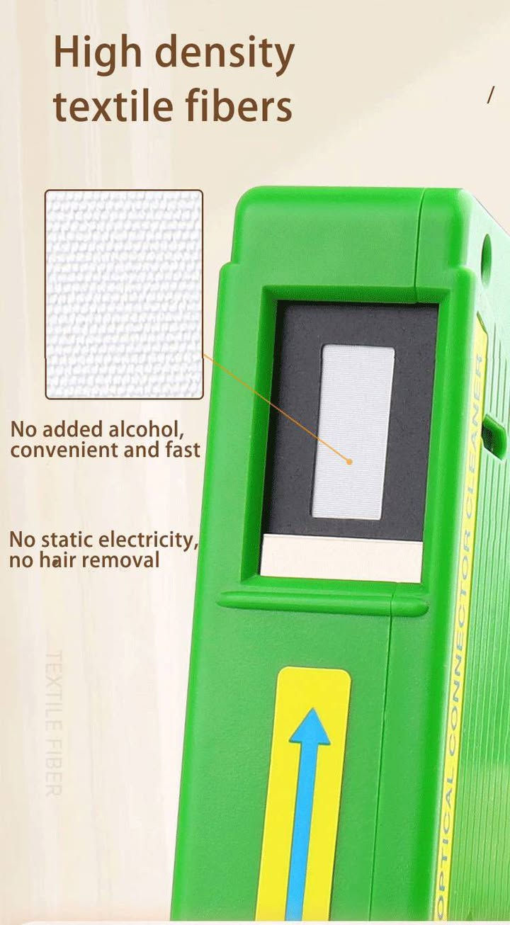هذا المنتج عبارة عن منظف للموصلات البصرية (Optical Connector Cleaner) يُستخدم لتنظيف أطراف الألياف الضوئية بسرعة وكفاءة دون الحاجة إلى الكحول. 
الاستخدام: مناسب لمجموعة متنوعة من الموصلات مثل SC، FC، MU، LC، ST، وغيرها.
السعة: يوفر أكثر من 550 عملية تنظيف.
الميزة: يحتوي على شريط تنظيف خاص داخل علبة كاسيت لإزالة الغبار والشحوم.


**إذا كنت صاحب هذا الإعلان وتريد حذفه لأي سبب، رجاءا أرسل رسالة إلى الدعم الفني**
