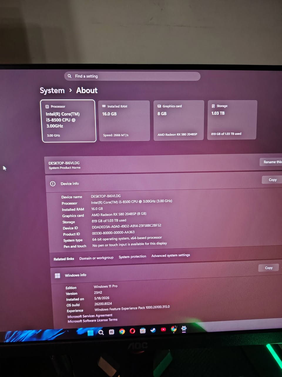 موصفات الpc
Rx 580 8gb 
Ram 16 gb ddr 4
Hhd 1t
I5 8th
شراي يتصل وات ساب ***********
