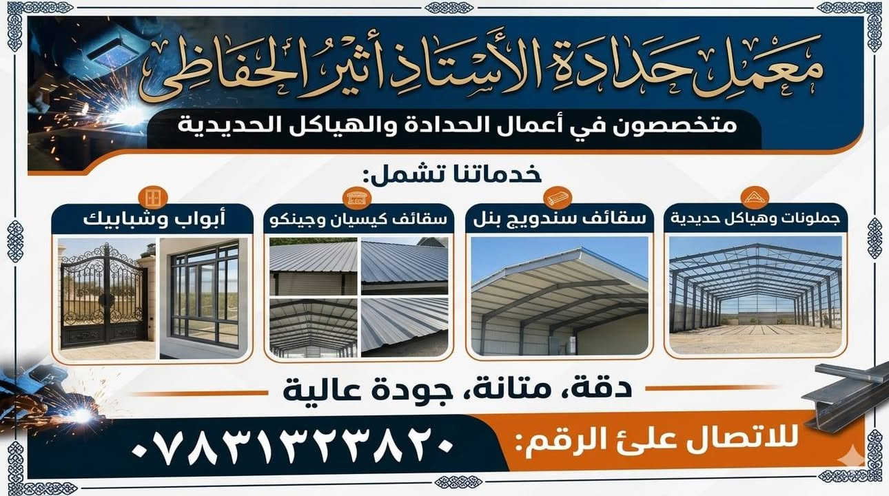 جانب من نماذ وتصاميم في 
(((معمل استاذ أثير الحفاظي))

عمل ودقه باقياس وفن العمل
حديد درجه اولئ 
ضمان باعمل
اسعار تنافسيه

موقع العمل الشارع العام قريب علئ الدله مجاور حسنيه الزهراء مباشرآ
استفسار لاتصال علئ الرقم ***********
