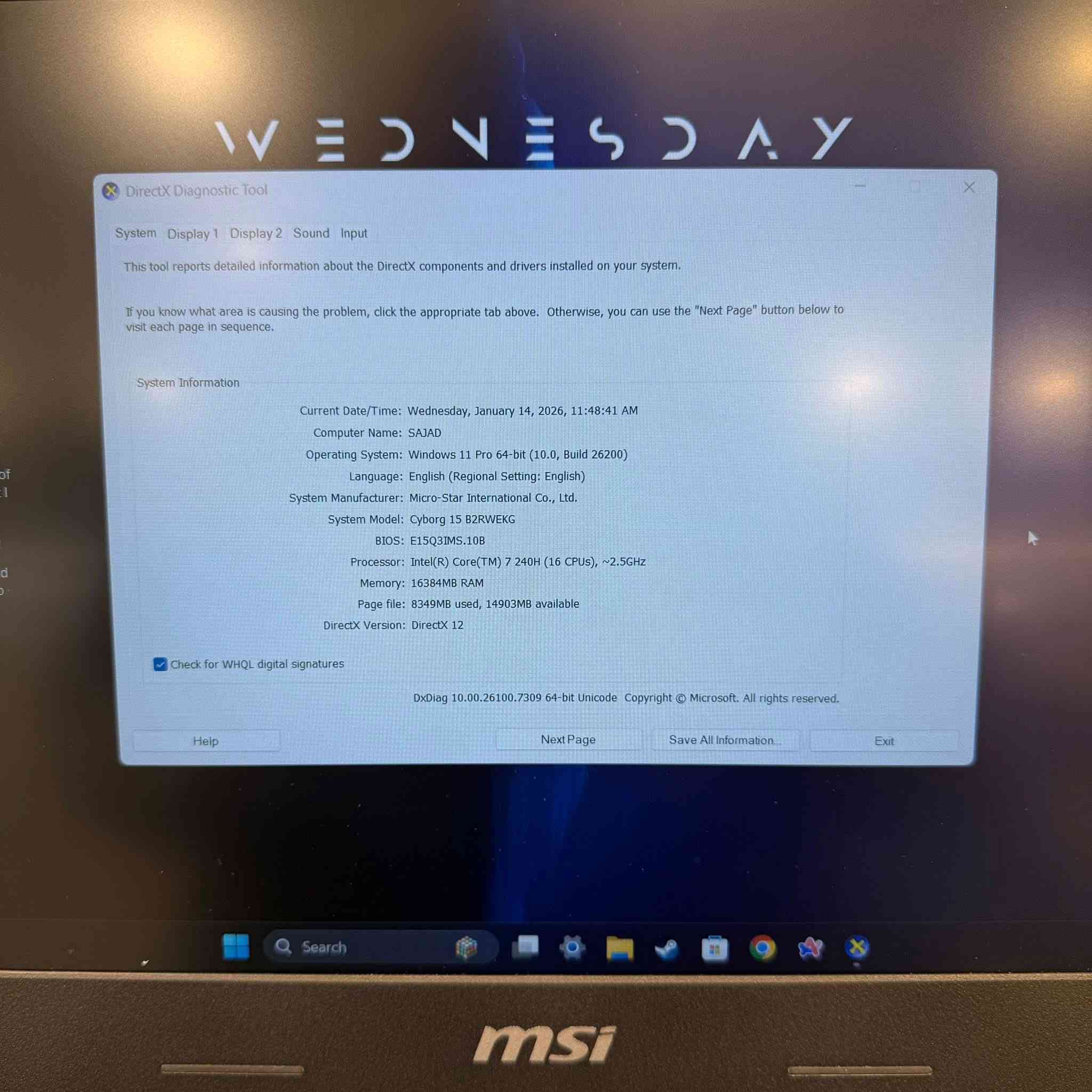 MSI Cyborg 15 لابتوب للبيع
للبيع لابتوب MSI Cyborg 15 نظيف فتحته ع ايدي اشتريته بشهر ال 11 استخدام كلش بسيط لان ماعندي وكت 

لابتوب كلش قوي و هاي مواصفاته كدامكم 

مع كامل ملحقاته الاصلية و مع هديه ماوس كيمنك

المواصفات:

 • المعالج: Intel Core i7-240H (16 نواة)

 • كرت الشاشة: NVIDIA GeForce RTX 5050 – 8GB DDR7

 • الرام: 16GB DDR5

 • التخزين: SSD NVMe سعة 2TB 

 • الشاشة: 15.6 إنچ FHD – 144Hz

 • النظام: Windows 11 Pro – 64bit

📌 ملاحظة 

التخزين مغيَّر إلى 2 تيرا SSD NVMe (الأصلي جان 512GB) لسرعة أعلى ومساحة أكبر.

✅ الجهاز سريع جداً

✅ استخدام نظيف وما بيه أي مشاكل

📍 المكان بغداد 

💰 السعر: مليون و 500

📞 التواصل خاص او واتس ***********
