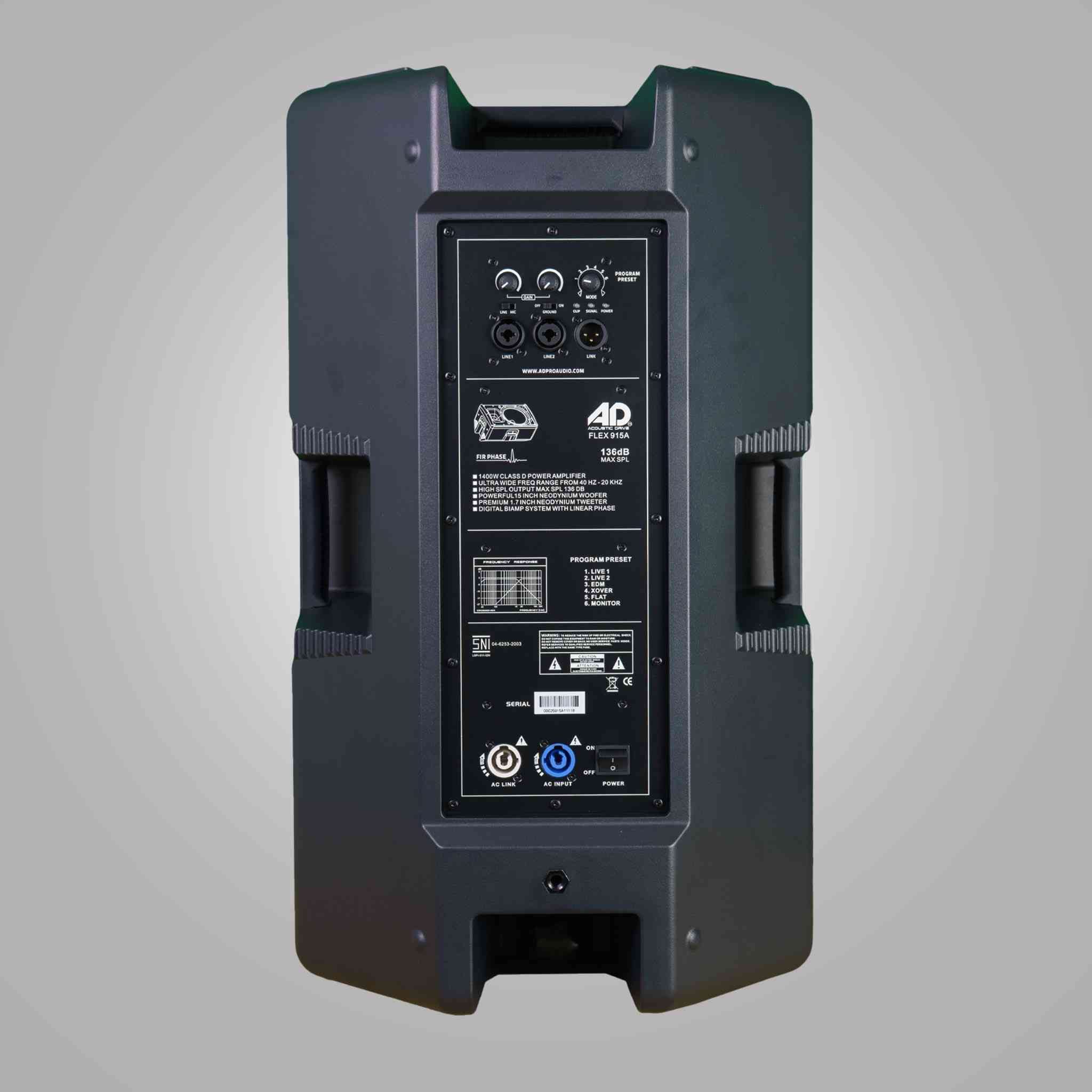 • 136dB Max SPL.                                 AD سماعات شركة  
• 15" neowoofer + 1.7" neo high driver
• 3-inch voice coil
• 40Hz-20 Khz Frequency Response
• 1400 Watt RMS amp module
• Connection: XLR
• 18.6kg (net), 21.8kg (gross) Weight


**إذا كنت صاحب هذا الإعلان وتريد حذفه لأي سبب، رجاءا أرسل رسالة إلى الدعم الفني**