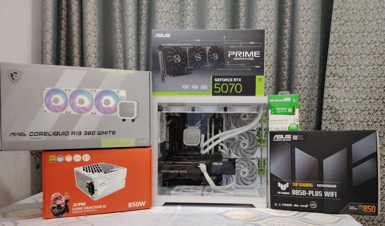 تجميعه مستعمل قليل السعر 2,800,000
R7 7800X3D BOX 
RTX 5070 ASUS PRIME 
RAM 32GB 6000 T-FORC WHITE RGB 
M.B ASUS TUF GAMING B850 PLUS WIFI 7
XPG PSU COREREACTOR II 850G GOLD WHITE 
MAG MSI CORELIQUID A13 360 WHITE 
M.2 1T WD GREEN GEN4
CASE FANTECH CG85 WHITE
Windows 11 Pro Original Key

مكاني ناصرية رقمي *********** 
توصيل موجود
