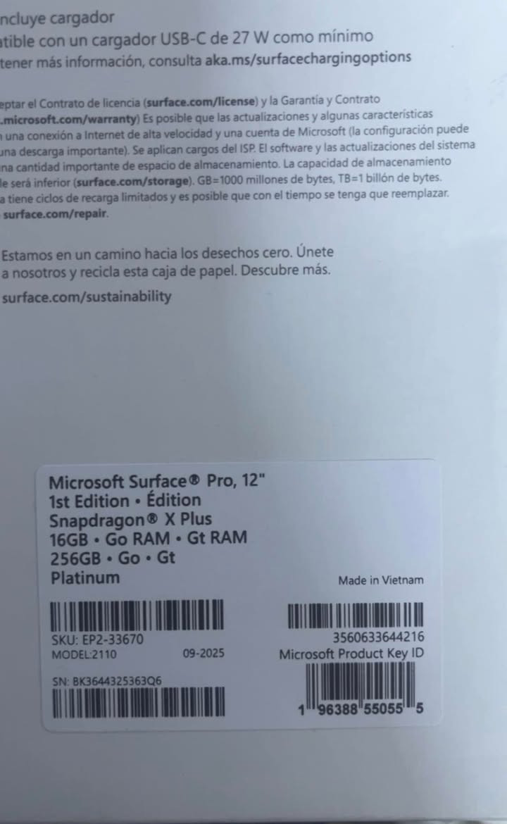 :مايكروسوفت سيرفس برو 12 - الإصدار الأول (Snapdragon X Plus)
المواصفات:

· الموديل: Microsoft Surface Pro 12 (1st Edition)
· الشاشة: 12 إنش
· المعالج: Snapdragon® X Plus (أداء قوي وكفاءة عالية في استهلاك الطاقة)
· الذاكرة العشوائية (RAM): 16 جيجابايت
· مساحة التخزين (SSD): 256 جيجابايت
· اللون: بلاتينيوم
· SKU: EP2-33670
￼
السعر: [1,200,000] بيه مجال بسيط جداً 
رقم الهاتف : [‭***********‬]
