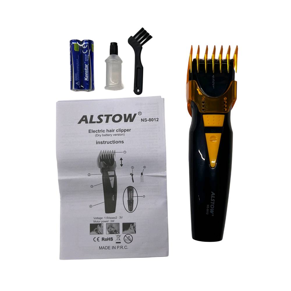 -ماكينة قص الشعر الكهربائية ALSTOW NS-8012 هي أداة للعناية الشخصية تعمل بالبطارية الجافة

. شفرة عالية الجودة: الشفرة مصنوعة من الفولاذ المقاوم للصدأ المستورد من اليابان، مما يوفر حافة حادة وعمر خدمة طويل.

. تشغيل بالبطارية: تعمل الماكينة ببطاريتي قلوية من نوع AAAx2 لتوفير الراحة والمرونة في الاستخدام.

. استخدام متعدد: التصميم مناسب لكل من الاستخدام المنزلي والتجاري.

. مفتاح تبديل: تحتوي على مفتاح تبديل بسيط لسهولة التشغيل.

- الملحقات: فرشاة تنظيف، عبوة زيت صغيرة، بطارية عدد 2

- الجهد: 1.5 فولت 2.3 فولت

- قوة المحرك: 3 واط

- تُعد خياراً عملياً لمن يبحث عن ماكينة حلاقة موثوقة ومحمولة.