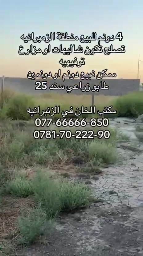 فرصتك الاستثمارية الذهبية في منطقة الزبرانية! 🏗️
​هل تبحث عن المكان الأمثل لمشروعك القادم؟
نطرح لكم قطعة أرض متميزة بمساحة 4 دوانم في موقع استراتيجي بمنطقة الزبرانية.
​لماذا هذه الأرض؟
​تنوع الاستخدام: الأرض مهيأة تماماً لتكون مشروع فلل سكنية راقية، شاليهات سياحية، أو أي مشروع استثماري واعد.
​المساحة: 4 دوانم توفر لك مساحة واسعة للإبداع وتصميم مشروع متكامل.
​السعر: نقدم لكم أسعاراً مميزة جداً وتنافسية لا تُعوض في هذه المنطقة.
​لا تضيع الفرصة، استثمر في المكان الصحيح!
للتواصل والاستفسار، يرجى مراسلتنا أو الاتصال على الرقم: 
[***********] مكتب الخان للاستثمار والتطوير العقاري
