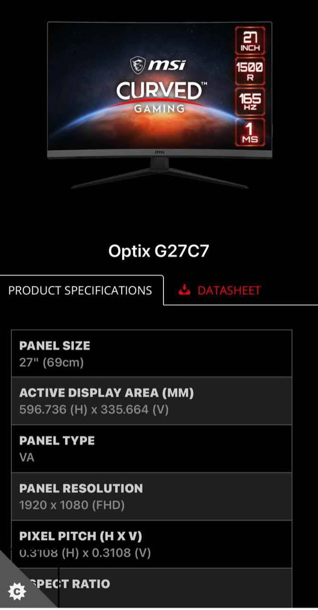 شاشة كيمنك MSI Optix G27C7
​الحجم: 27 بوصة.
​التردد: 165 هرتز (165Hz).
​زمن الاستجابة: 1 ملي ثانية (1ms).
​الدقة: Full HD (1080p).
​المنافذ: HDMI / DisplayPort.
الشاشة غنية عن التعريف وممتازة جداً لألعاب الـ PC والـ Consoles (مثل الـ PS5 والـ Xbox). بغداد, العراق


**إذا كنت صاحب هذا الإعلان وتريد حذفه لأي سبب، رجاءا أرسل رسالة إلى الدعم الفني**