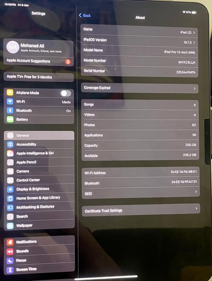 M4 wifi ايباد. برو ١٣
البطارية ١٠٠٪؜ 
٢٣ دورة شحن 
٢٥٦ كيكا بايت 
كارتونتة موجودة 
للبيع التواصل واتس اب فقط 
***********
