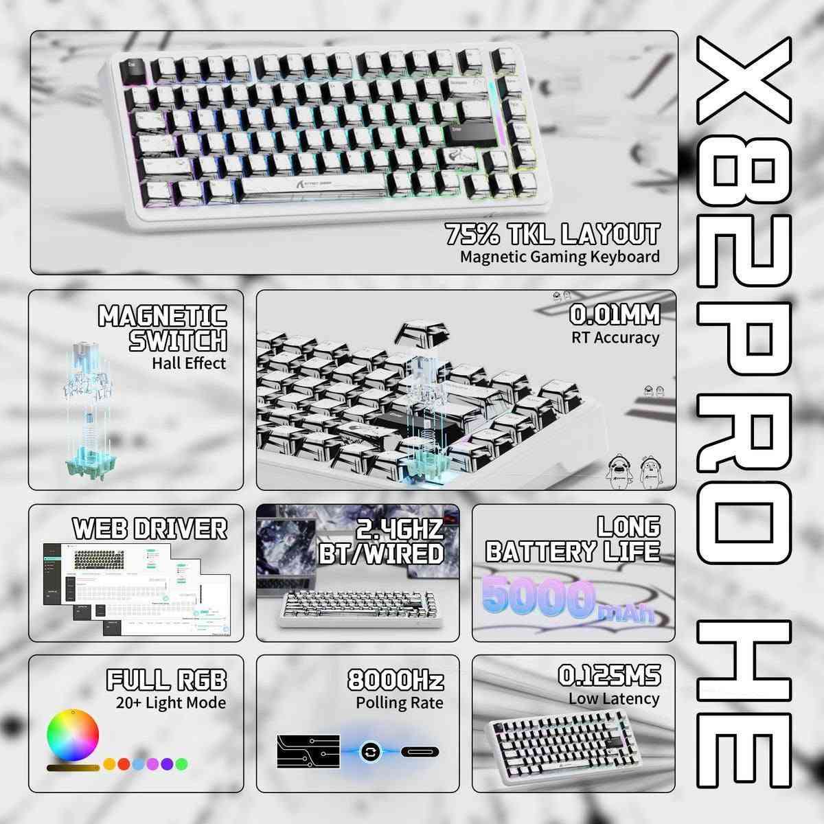 للبيع: كيبورد Attack Shark X82 PRO HE (إصدار Comic المميز) 
كيبورد مغناطيسي احترافي جداً لألعاب الـ FPS التنافسية، يدعم تقنية الـ Rapid Trigger لأسرع استجابة ممكنة، وبنسخة الكوميك (الرسمية) اللي تنطي شكل خرافي ومختلف للسيت أب.
📌 أهم المواصفات:
السويتشات: مغناطيسية (Hall Effect) استجابتها فورية وتتكيف حسب لعبك.
الأداء: يدعم ميزة الـ Rapid Trigger (ضرورية جداً للـ Strafing برينبو وأوفرواتش وفالورانت).
الاتصال: 3 أوضاع (وايرلس سريع جداً خالي من التقطيع، بلوتوث، وكيبل Type-C).
الحجم (Layout): 75% (حجم مثالي يوفر مساحة للماوس باد، وبنفس الوقت يحتوي على الأسهم والـ F-Keys).
التصميم: إصدار الـ Comic (أزرار أبيض وأسود بتصميم مانجا) مع إضاءة RGB أنيقة.
الحالة: نظيف جداً ومسويله تنظيف عميق (أخو الجديد)، الكيبورد شغال 100% وما بي أي مشكلة، سبب البيع هو الترقية لسيت أب جديد.
المكان: النجف  ( يُفضل تسليم باليد).
 السعر: [90 الف دينار]

***********
