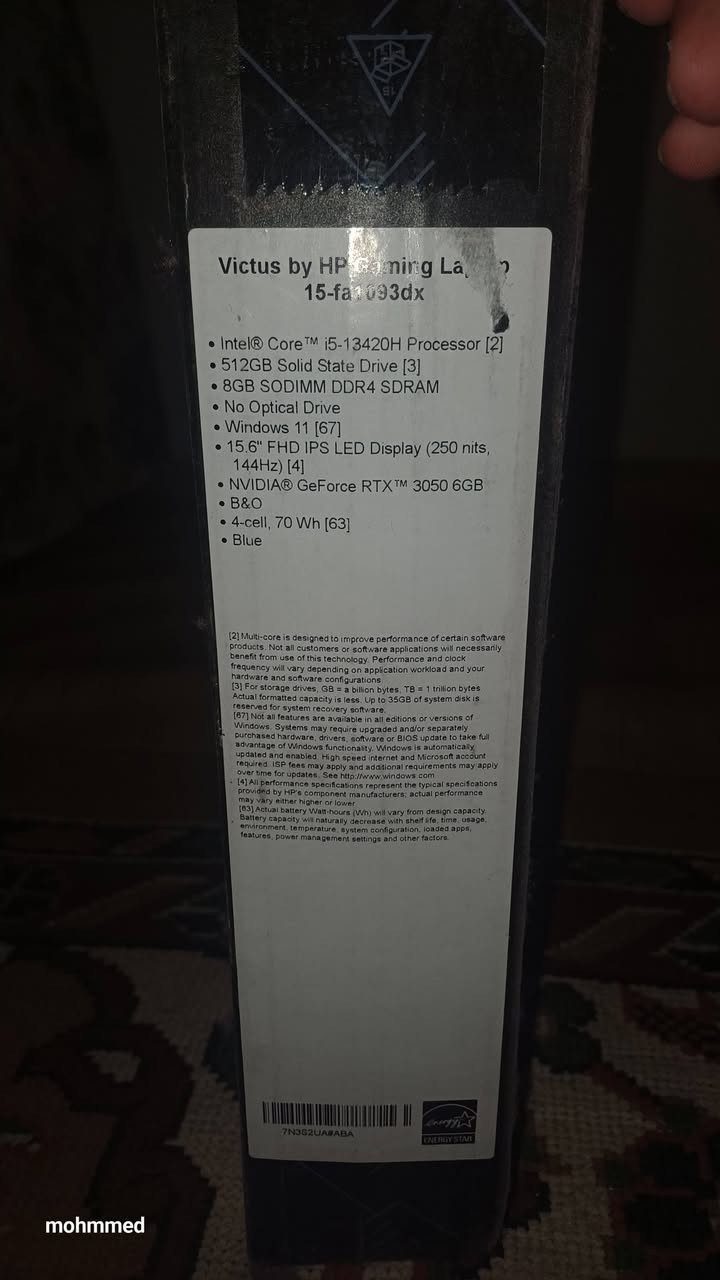 السلام عليكم عندي لابتوب نوع hp vctos gaming للبيع
جيل ١٣ 
المعالج core i 5 الجيل ١٣
الرام ١٦
الذاكرة ٥١٢
كارت شاشة خارجي ٣٠٥٠ حجم ٦
حجم الشاشة ١٥.٦
وهاي باقي المواصفات 
Device name  DESKTOP-BAHK85A
Processor  13th Gen Intel(R) Core(TM) i5-13420H (2.10 GHz)
Installed RAM  16.0 GB (15.6 GB usable)
Device ID  A57DD37B-0688-4D53-AB01-52B2635EF660
Product ID  00342-21104-57803-AAOEM
System type  64-bit operating system, x64-based processor
Pen and touch  No pen or touch input is 
available for this display
السعر ٨٠٠ وبيهه مجال
وهذه رقمي ***********
