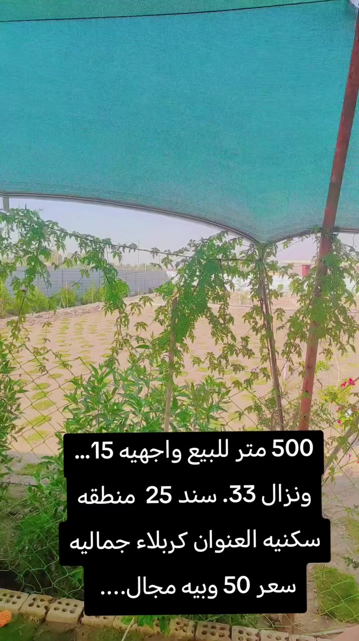 سلام وعليكم من رخصت الادمن متوفر  500 متر للبيع واجهيه 15... ونزال 33. سند 25  منطقه سكنيه العنوان كربلاء جماليه سعر 50 وبيه مجال.... ***********
