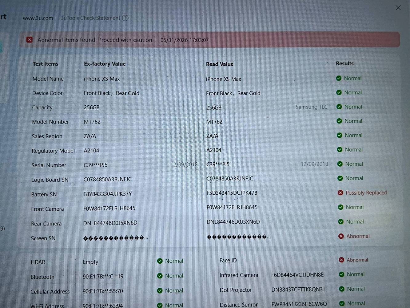 السلام عليكم جهاز   iphone xs max 
جهاز حلو بس نسيت الرمز وقفل ايكلود وماحصلت شخص يفتحه الي يكدر يفتحه يراسلني وبيع هم ابيع

تفاصيل الجهاز
256ك
شاشة مستبدلة نوعيه ممتازه 
بطارية مستبدلة نوعيه زينه %99
فيس ايدي متوقف ❌
اتصال سيمكارت كامرات مايك واي فاي  كله شغل وسليم ✅
الظهر بدلته وطلع عندي بي طكع مال سيلكون
وهذا فحص الجهاز كدامك بالحاسبه امانة الله هذا البي الجهاز عجبك راسلني وتدلل ***********