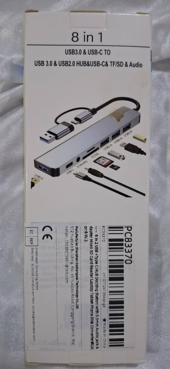 ادبتر تايب سي 8X1 
4 منفذ usb
1 منفذ تايب سي
1 منفذ اواكس
2 منفذ SD كارت و رام كاميرات
السعر 12 الف
يوجد توصيل لكافة المحافظات بغداد, العراق


**إذا كنت صاحب هذا الإعلان وتريد حذفه لأي سبب، رجاءا أرسل رسالة إلى الدعم الفني**