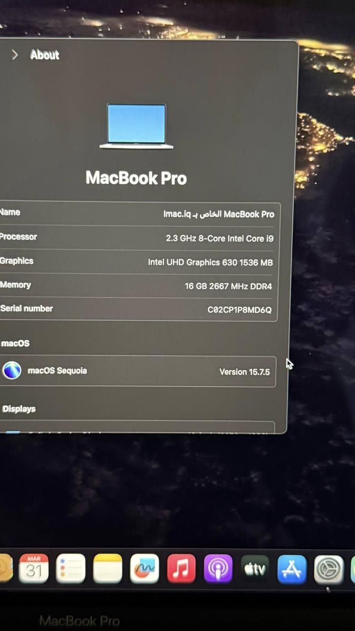 ⁨Macbook pro 2019
Core i9
Amd 5500 4gb
1 TB Hard
16 GB Ram
Battery: Normal 
الجهاز بي نظامين 
ماك وويندوز
مناسب للبرامج الهندسيه
الجهاز نظيف كامل ملحقات شاحن والكارتونه
موجود توصيل كل المحافظات
لمعرفه السعر يرجى التواصل
***********⁩
