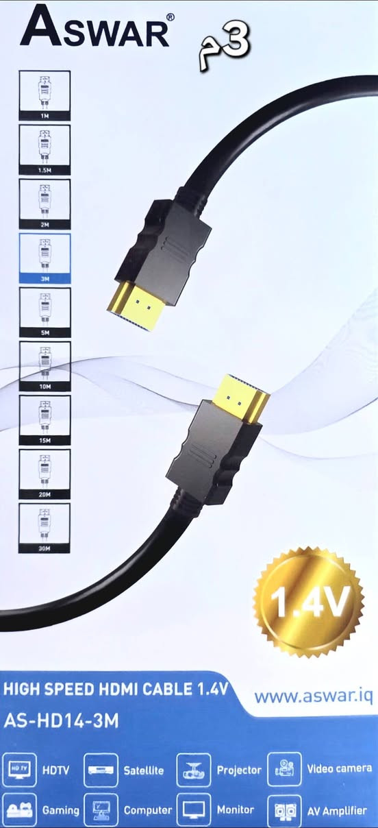 🎬 كيبل HDMI ASWAR الأصلي – جودة وصورة بدون تقطيع! 🎮
إذا تريد صورة واضحة وصوت نقي،
كيبل ASWAR HDMI 1.4V بأطوال متعددة 3,5,10 متر
 هو الحل المثالي 👌
✅ يدعم دقة 4K
✅ سرعة نقل عالية تصل إلى 10.2Gbps
✅ موصلات مطلية بالذهب 24K لأفضل إشارة
✅ يدعم ARC – 3D – HDTV – Gaming
✅ مناسب للتلفزيون، البلايستيشن، الكمبيوتر، الرسيفر والبروجكتر
🔌 مثالي للمسافات البعيدة بدون فقدان جودة
💪 تصنيع قوي وعمر طويل
📦 المنتج أصلي من ASWAR

مركز #روتانا لتجارة الاجهزة الالكترونية 
وكيل معتمد شركة مجموعة #ASWAR
للحجز والاستفسار 
***********📞

العنوان : بغداد _ المحمودية _ حي البتول مجاور تربية قسم المحمودية
