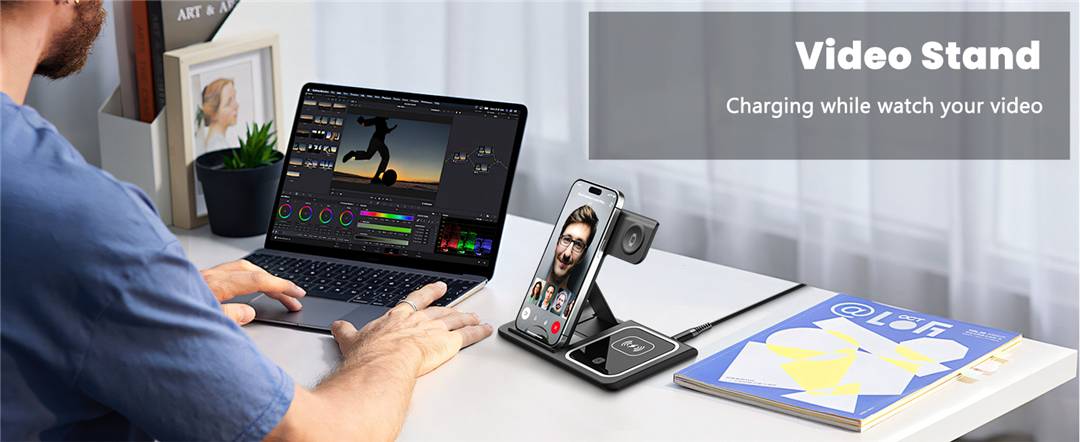 شاحن وايرليس للايفون 3 في 1 يمكن أن يدعم معظم الهواتف الاخرى ، وشحن سريع لاسلكيا لأجهزة iPhone و iwatch و AirPods في نفس الوقت.

يمكن أن يكون متوافقًا مع iPhone 16/15/14/13/13Pro/13 Pro Max/12 Pro Max/SE/XR/X/XS/XS Max/11 Pro ماكس/11 برو/7.5 بلس/8 أو أندرويد ؛ 

ساعة أبل 10/9/8/7/6/5/4/3/2/Ultra/SE ، Airpods Pro مع حافظة لاسلكية.

(سريع ومريح) تحتوي محطة الشحن هذه على رقائق شحن عالية الطاقة وفئة عالمية. يستغرق الأمر حوالي 2-3 ساعات لإعطاء هاتفك ومشاهدتك وسماعات airpods شحنًا كاملاً. يمكنك فقط وضع أجهزتك في محطة الشحن ، والتمتع بالشحن اللاسلكي السريع.

(حامل شاحن محمول وقابل للطي) بتصميم قابل للطي وخفيف الوزن ، يمكنك أخذه في أي مكان في حقيبتك. هذا يمكن شحن جميع الأجهزة الثلاثة في نفس الوقت. لن تأخذ مساحة كبيرة ، مثالية للمنزل أو المكتب أو السفر للتوفير على فوضى الأسلاك. أيضا ، يمكنك ضبط زاوية محطة الشحن لفون إما عمودية أو أفقية.

(حماية متعددة آمنة) مع تقنية حماية ذكية ، توفر حماية درجة الحرارة الزائدة ، وحماية التيار الزائد ، وحماية الجهد الزائد ، ومنع ماس كهربائى ، ووظيفة الكشف عن الأجسام الغريبة ، التي تضمن شارينج في السلامة. يحتوي هذا الشاحن اللاسلكي أيضًا على تصميم ثنائي الملف ، مما يضمن منطقة شحن أوسع في الاتجاه الأفقي أو العمودي.

(ضوء ليلي صديق للنوم) يمكنك تشغيل/إيقاف الضوء يدويًا إذا كنت تعتقد أنه يزعجك. يعني اللون الأزرق أن جهازك يشحن بشكل صحيح ، بينما ينبهك الضوء الأزرق الوامض إلى أن هاتفك في غير محله أو أنه يوجد جسم غريب. يمكنك استخدامه كمصباح مكتبي في الليل.

(مانع للانزلاق والحقيبة) توجد وسادة سيليكون في قاعدة محطة الشحن ومنطقة وضع سماعات AirPods والهاتف تمنع أجهزتك من الانزلاق. يمكن لهذه الشبكة اللاسلكية الشحن مباشرة من خلال حافظة واقية للهاتف.

توجد توصيل لكافه المناطق
