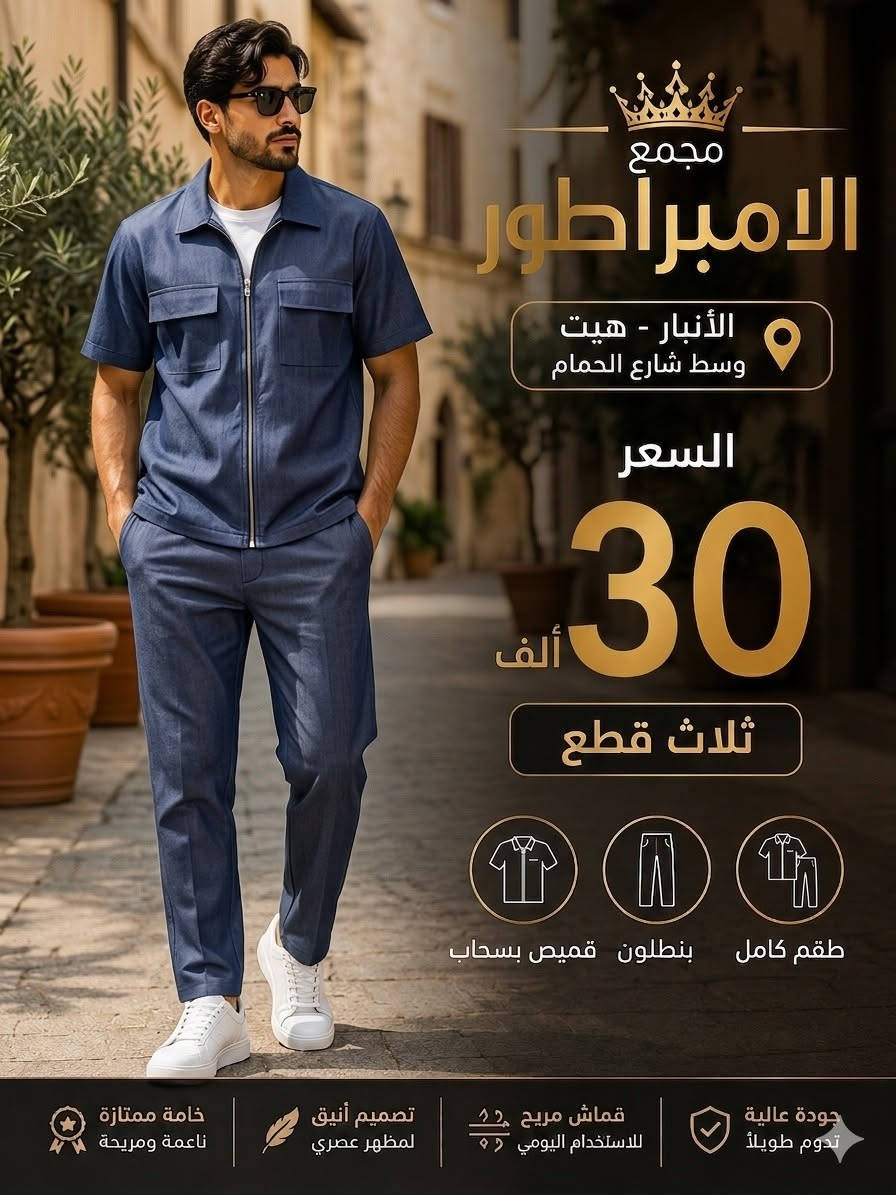 صلِ على سيدنا محمد 
سوت رجالي بالوان متعدده 
السعر داخل الصوره
�جديد مع 
#مجمع_الامبراطور_للازياء_الرجاليه_والزي_العربي😌👍
😍🙀
 قديمنا جديد وجديدنا لا ينتهي😍🙀
ما تجدوه لدينا لا يحصل  الكثيرون 🚖🛵😍
😍👍توجد تشكيله واسعه داخل المجمع😍👍
لسنا لوحيدون لاكننا لافضل😉😍
لا تنسو اعجابكم  بالبيج👍👍
غايتنا ارضاء الزبون 🍁
الــــــــــــــــــــــــــــعـــــــــــــــــــــــــــــــــــــنوان
#الانبار_هيت_شارع_الحمام


**إذا كنت صاحب هذا الإعلان وتريد حذفه لأي سبب، رجاءا أرسل رسالة إلى الدعم الفني**