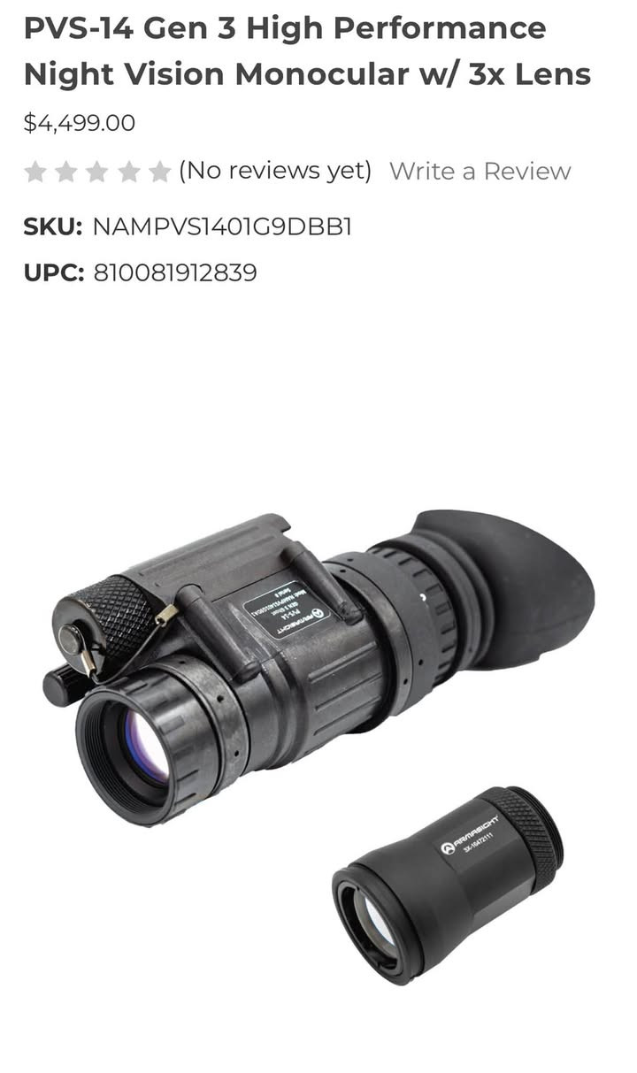 ناضور ليلي أمريكي 🇺🇸  PVS-14من شركة armasight.
سعرها بل موقع.  الرسمي 45 ورقه.    لكن يمنا السعر غير. 12 ورقه فقط.


**إذا كنت صاحب هذا الإعلان وتريد حذفه لأي سبب، رجاءا أرسل رسالة إلى الدعم الفني**