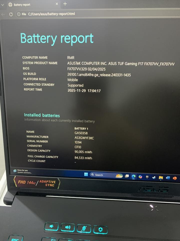 Asus TUF F17
Engineering- Gaming- Design 
Screen: 17.3 in 144Hz
CPU: 13th gen intel(R)Core(TM) i7-13620H
GPU:Nvidia RTX4060 8Gb
Maximum graphic power: 140 Watt
RAM: 16 Gb DDR5 dakret ba 32Gb
Storage: NVMe Samsung 1Tera
Windows specification ….
Edition: Windows 11 pro
Installed on 8/13/2025 
___________________________
Gift 🎁 هداية
POSO bag 💼 
Keyboard & mouse
Stand 
Xbox controller 
Computer cleaner 
___________________________
Contact 📞 اتصال
0750 197 7586
Just watsapp
