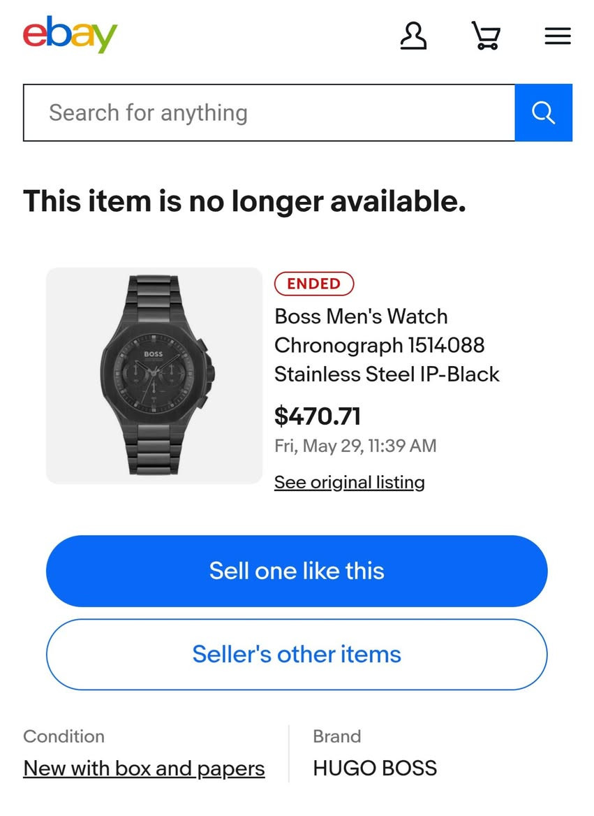 سعرها على eBay حوالي 470 دولار، عارضها  بـ 200 ألف دينار.
للبيع ساعة BOSS أصلية جديدة مع ختم الضمان
1514090 - رقم الموديل
السير ستانليس ستيل
کوارتز
القطر 42.5
الوزن 154
الزجاج حجر الزفير المقاوم للخدش والكسر
ختم شركة سردار مع ضمانها

للحجز عبر الخاص


**إذا كنت صاحب هذا الإعلان وتريد حذفه لأي سبب، رجاءا أرسل رسالة إلى الدعم الفني**