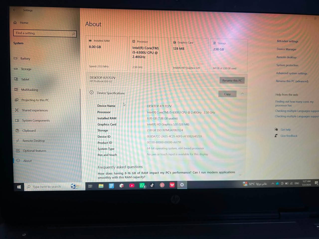 لابتوب hbنضيف ما بي اي خلل الموصفات مالته مثل ما موضح بل صوره سعره 200وبي مجال قليل جهاز مرتب تجي تفحص وتروح مكاني بغداد البياع او دوره ابو دشير مع مارس وشاحنته الاصليه رقم ***********
