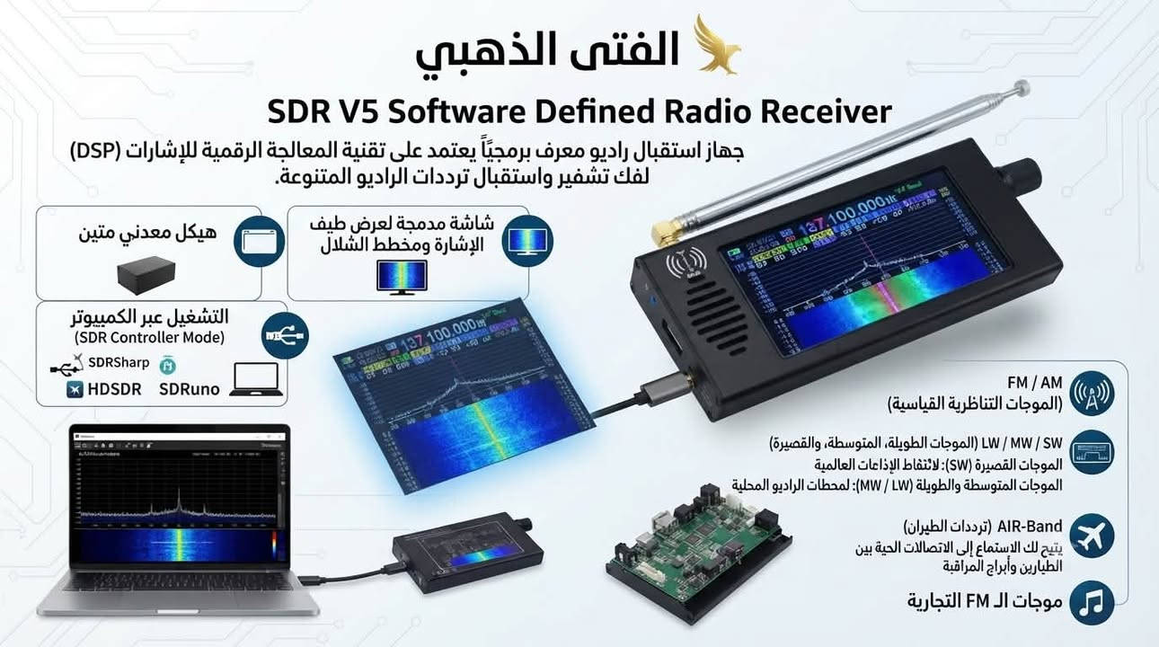 متوفر الراديو الاحترافي احدث اصدار V5
SDR V5 DSP Receiver

📻 نطاق الترددات المدعومة ..

مدى التردد الشامل: من 100 كيلوهرتز وحتى 149 ميجاهرتز.

نطاقات البث المغطاة:
LW (الموجات الطويلة)
MW (الموجات المتوسطة)
AM (تعديل السعة العام)
SW(الموجات القصيرة وعشاق اللاسلكي HAM Radio
FM / WFM (البث الإذاعي التجاري وعالي العرض)
AIR-Band (نطاق اتصالات الطيران الإذاعي)

🎛️ تقنيات معالجة وفك تشفير الإشارة (المخطط الداخلي) .. 

معمارية المعالجة: يعتمد على نظام الراديو المحدد بالبرمجيات (SDR) والمعالجة الرقمية للإشارات (DSP).

المعالج الميكروي: معالج متطور من نوع Cortex-M4 MCU لإدارة العمليات والتحكم بالشاشة والبيانات.

وحدة الترميز (CODEC): تتضمن محول رقمي-تناظري وتناظري-رقمي (AD / DA) لتمرير الصوت ومعالجته رقمياً عبر بروتوكول I2S.

نظام خفض الضوضاء وتثبيت التردد:

يحتوي على مذبذب كريستالي معوض حرارياً TCXO لضمان ثبات التردد العالي وعدم انزياحه أثناء الاستخدام الطويل.

مضخم إشارة منخفض الضوضاء LNA متكامل لرفع حساسية التقاط المحطات الضعيفة.

مرشح تمرير منخفض LPF لتنقية الإشارة وفصل التداخلات.

💻 الشاشة والواجهة الرسومية ..

 نوع الشاشة: شاشة باللمس ملونة مقاس 4.3 بوصة بتقنية IPS عالية السطوع والوضوح.

دقة الشاشة: 800×480 بكسل.
العرض الطيفي: تدعم عرض النطاق الترددي الفوري (عرض الطيف) حتى 192 كيلوهرتز مع خاصية مخطط الشلال (Waterfall Graph) لتتبع الإشارات النشطة بصرياً في الوقت الفعلي.

🔋 الطاقة والبطاريةالبطارية المدمجة: 
بطارية ليثيوم بسعة 3000 مللي أمبير (3.7 فولت).

فترة التشغيل: تدوم ما بين 10 إلى 12 ساعة من الاستخدام المتواصل (تتأثر بمستوى الصوت وسطوع الشاشة).

منفذ الشحن: يتم شحنها وتوصيل البيانات من خلال منفذ USB Type-C الحديث.

🔌 المنافذ والهيكل الخارجيمخرج الصوت: 

مضخم صوت مدمج (PA) يدعم مكبر الصوت الداخلي، بالإضافة إلى مخرج 3.5 مم لتوصيل سماعات الرأس الاستريو.

منفذ الهوائي: مقبس ذهبي من نوع SMA أو BNC (حسب الفئة الفرعية المصنعة للهيكل) لربط الهوائي التلسكوبي المرفق أو الهوائيات الخارجية.

مادة التصنيع: هيكل معدني متين بالكامل مصنوع من سبائك الألومنيوم المقاومة للصدمات والتشويش الكهرومغناطيسي باستخدام ماكينات CNC.

السعر والتفاصيل خاص .. ✉️
متوفر توصيل .. 🚕


**إذا كنت صاحب هذا الإعلان وتريد حذفه لأي سبب، رجاءا أرسل رسالة إلى الدعم الفني**