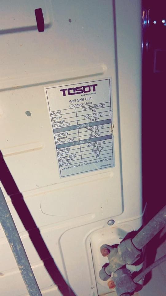 سبليت TOSOT أصلي للبيع – تبريد قوي جداً
التفاصيل:

 • الماركة: TOSOT

 • النوع: سبليت (وحدة خارجية + داخلية)

 • الموديل: TS-H246NAG3

 • القدرة: 24000 BTU ( 2 طن)

 • تبريد: 24000 BTU

 • تدفئة: 25000 BTU

 • الكهرباء: 220 – 240 فولت

 • التردد: 50 هرتز

 • الاستهلاك: حوالي 2600 واط

 • الفريون: R22

 • مصمم للعمل بالأجواء الحارة T3 Climate

للتواصل اتصال + وتس اب 

***********
