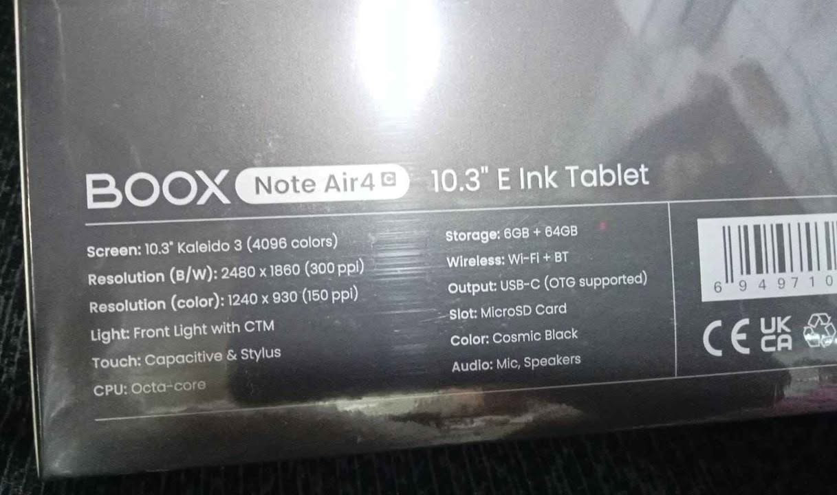 الشاشة: 10.3 بوصة Kaleido 3 (4096 لوناً) بتقنية الحبر الإلكتروني الملون E Ink مع غطاء زجاجي مسطح.
الدقة: 2480 × 1860 للأبيض والأسود (300 PPI)، و 1240 × 930 للألوان (150 PPI).
الإضاءة: إضاءة أمامية مع إمكانية التحكم في درجة الحرارة (Warm and Cold).
المعالج والأداء: معالج ثماني النواة (Octa-core) مع تقنية BSR لتسريع التحديث.
نظام التشغيل: أندرويد 13 مع متجر Google Play.
الذاكرة والتخزين: 6 جيجابايت رام (RAM) و 64 جيجابايت مساحة تخزين داخلية.
التخزين الخارجي: دعم بطاقات microSD. حلة, بابل


**إذا كنت صاحب هذا الإعلان وتريد حذفه لأي سبب، رجاءا أرسل رسالة إلى الدعم الفني**