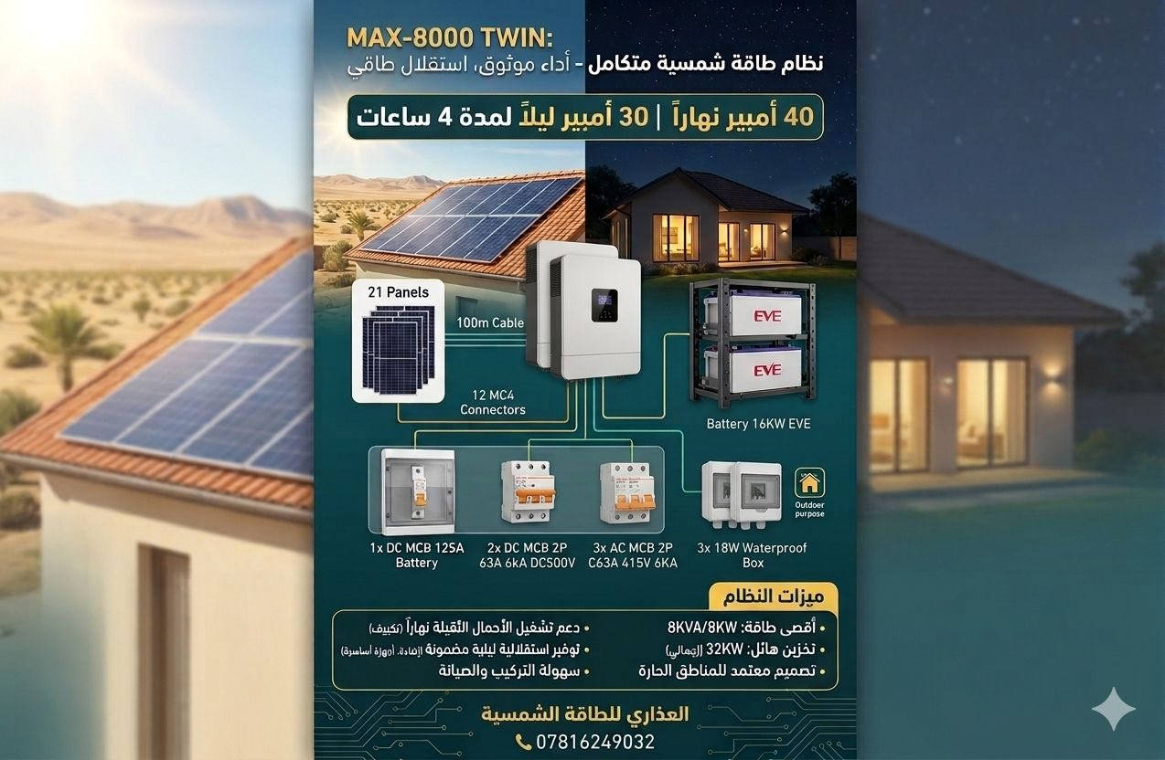 الكهرباء تذل، والشمس تعز! ☀️ 
بالأزمة وبالحر تنتظر رحمة "أبو المولدة"، استثمر بالطاقة الشمسية وريح بالك للأبد.. 
الفرصة بعدها بإيدك، والأسعار القديمة لسه موجودة! 🔋

📍 النجف - شارع المدينة  - عمود رقم 8
📞 ***********
