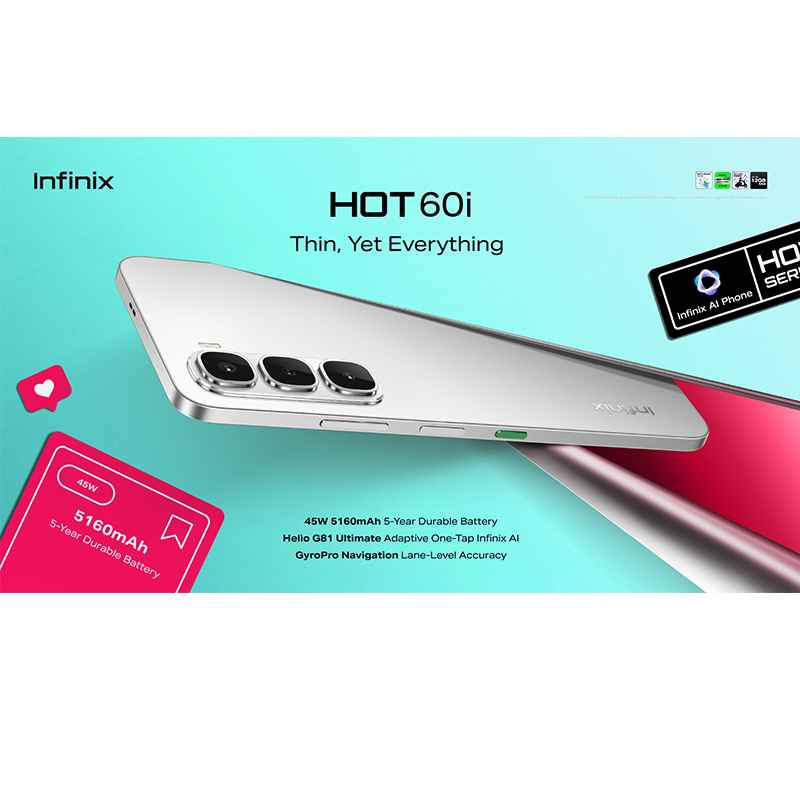 هذا الهاتف هو Infinix HOT 60i، ويتميز بالمواصفات التالية: 
شاشة بحجم 6.7 بوصة ومعدل تحديث 120 هرتز.
بطارية ضخمة بسعة 5160 مللي أمبير تدعم الشحن السريع بقوة 45 واط.
كاميرا خلفية بدقة 50 ميجابكسل تدعم الذكاء الاصطناعي.
سعة تخزين 256 جيجابايت مع ذاكرة وصول عشوائي (RAM) تصل إلى 16 جيجابايت.
يحتوي على تقنية NFC ومعالج Helio G81. سوق الشيوخ, ذي قار


**إذا كنت صاحب هذا الإعلان وتريد حذفه لأي سبب، رجاءا أرسل رسالة إلى الدعم الفني**
