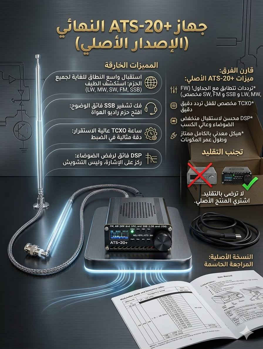 📻 هل تبحث عن "الوحش" الحقيقي في عالم الاستقبال اللاسلكي؟
لا تكتفِ بمجرد راديو.. امتلك جهازاً يفتح لك آفاقاً لم تكن تسمعها من قبل! نقدم لك جهاز ATS-20+ (الإصدار الأصلي والمُحدث)؛ الخيار الأول لمحترفي ومحبي الترددات.
🚀 لماذا يتفوق ATS-20+ على كل الموديلات التقليدية؟
 * 📡 نطاق تغطية خارق: لا حدود مع هذا الجهاز! يستقبل (LW, MW, SW, FM, SSB) بدقة متناهية، مما يجعلك تلتقط إشارات من خلف المحيطات.
 * 🔐 قوة فك التشفير (SSB): انسَ التشويش! بفضل تقنيات معالجة الإشارات المتقدمة، يمنحك الجهاز وضوحاً مذهلاً في فك تشفير إشارات الـ SSB الخاصة بهواة الراديو.
 * ⚙️ سفتوير "الأداء الأقصى": الجهاز يأتي بأحدث إصدار من السوفت وير (Firmware)، مفعل بالكامل، ليضمن لك استجابة أسرع، واجهة أكثر ذكاءً، ودقة ضبط لم يسبق لها مثيل.
 * 💎 هندسة التميز: يتميز عن النسخ التقليدية بوجود ساعة TCXO عالية الاستقرار التي تمنع "انحراف التردد"، وهيكل معدني متين يعزل الضوضاء الخارجية بدقة (DSP).
📊 جدول المقارنة: الفرق بين "الأصلي" والتقليدي
| الميزة | الراديوات التقليدية | جهاز ATS-20+ الأصلي |
|---|---|---|
| نطاق الترددات | محدود (FM/MW فقط) | شامل (LW, MW, SW, FM, SSB) |
| فك التشفير | غير متاح | احترافي وواضح جداً |
| دقة الضبط | منخفضة | فائقة (ساعة TCXO دقيقة) |
| جودة الهيكل | بلاستيك ضعيف | معدني فاخر وعازل للضوضاء |
💡 لا تقع في فخ "النسخ المقلدة" التي تفتقر للمكونات الحقيقية والميزات المفعلة!
ATS-20+ الأصلي ليس مجرد جهاز استقبال، بل هو "صندوق كنز تقني" بين يديك.
🚀 احصل على نسختك الآن.. واكتشف عالماً من الإشارات التي لا يسمعها الآخرون!
السعر ٥٥ الف مع التوصيل


**إذا كنت صاحب هذا الإعلان وتريد حذفه لأي سبب، رجاءا أرسل رسالة إلى الدعم الفني**