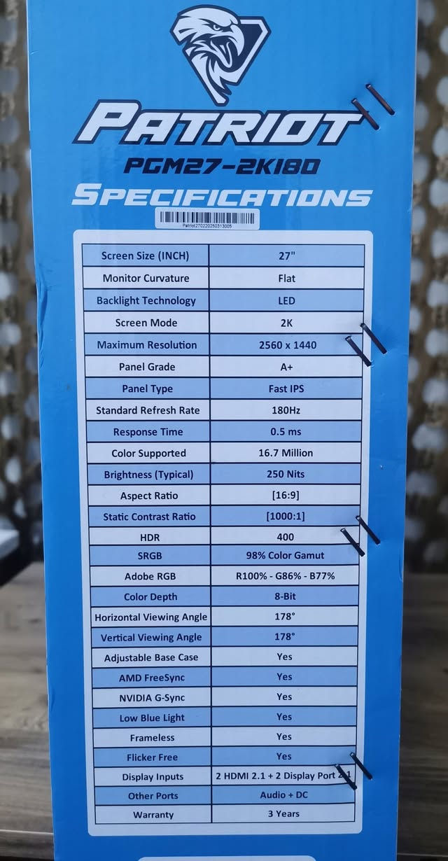 السلام عليكم
شاشة للبيع
PATRIOT 2k 180HZ fast ips
===============
27" FLAT FAST IPS
LED 
2K (2560×1440)
FPS 180 Hz 0.5ms
FAST IPS
SRGB 98% 
2 HDMI 2.1 + 2 DISPLAY PORT 2.1
Warranty 3 Years
----------------------

ضمان 3سنوات 

-------------------
سعر 265الف و بي مجال
توصيل جميع أنحاء العراق

للتواصل خاص واتساب ***********
