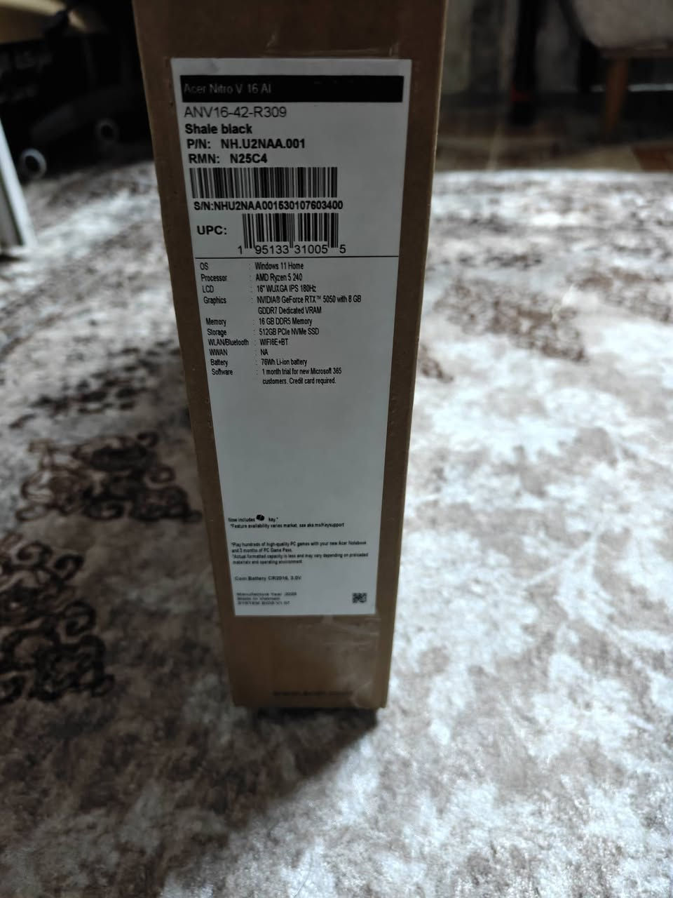 🔥Model: Acer Nitro V 16 AI OpenBox Full Gaming🔥
Model Number: ANV16-42-R309

Color: Shale Black

OS: Windows 11 Home

Processor: AMD Ryzen 5 240

GPU: NVIDIA GeForce RTX 5050 8GB GDDR6

Display: 16-inch IPS

Resolution: 1920×1200 (WUXGA)

Refresh Rate: 180Hz

RAM: 16GB DDR5 5600MHz

Storage: 512GB PCIe NVMe SSD

--------------------------------------------------------

🔂 الابتوب مو مستخدم ٣ مرة مشحون فقط للفحص الابتوب جدید جدید کل ملحقات ویاها

🔂 لابتوبەکە بەکار نەهاتووە ٣ جار تەنها شەحن کراوە بۆ تاقی کردنەوە لاپتۆبەکە نوێ نوێیە هەموو شتێکی خۆی لەگەڵە 
--------------------------------------------------------
☎️ للتواصل عبر الواتساب او مانسجر
☎️ بۆ پەیوەندی لە رێی ماسنجر یان واتساب
الرقم ***********

--------------------------------------------------------
📍 موقع كركوك بنجا علي 
📍 ناونیشان كرکوك بنجا عەلی 

--------------------------------------------------------
