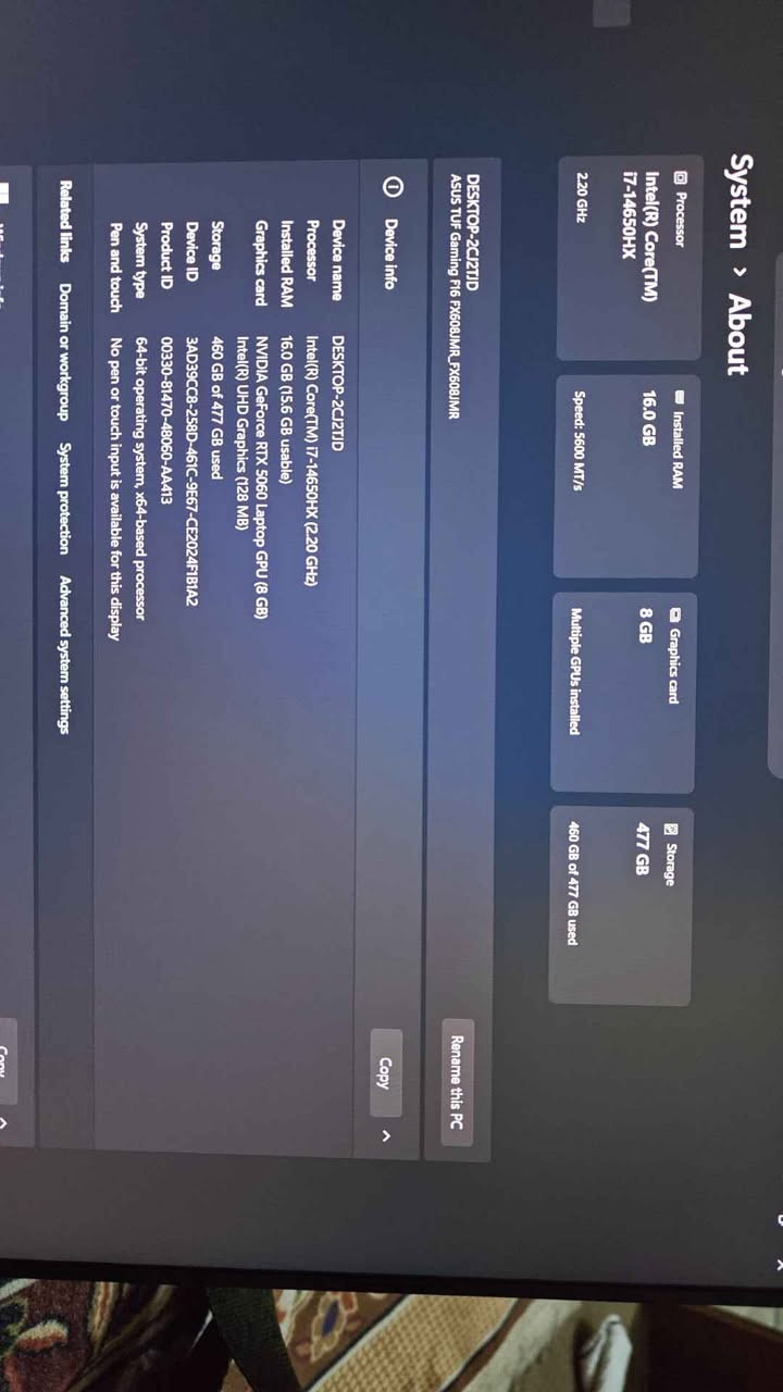 لابتوب من ASUS 
TUF16
core i7-14650HX
RAM 16G M.2
NVIDIA GeForce RTX 5060 8G
STOREGE 512G
و باقي الموصفاة بالصور 
يجي وياها وندوز اصلي 11pro بغداد, العراق


**إذا كنت صاحب هذا الإعلان وتريد حذفه لأي سبب، رجاءا أرسل رسالة إلى الدعم الفني**