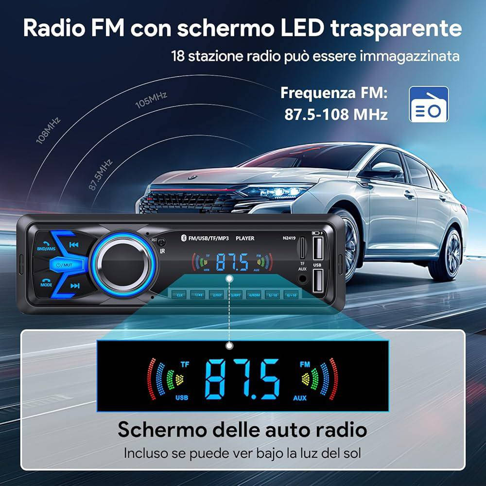 15الف
المنتج هو راديو سيارة Chismos N2215. 
الميزات: بلوتوث 5.0 للمكالمات بدون استخدام اليدين ومكبر صوت واضح. 
الراديو: يدعم ترددات FM (87.5-108.0 MHz) مع قدرة على تخزين 18 محطة. 
المنافذ: يحتوي على منفذي USB (واحد للشحن وواحد لتشغيل الموسيقى) ومدخل AUX وفتحة بطاقة TF. 
توافق الجهاز: يعمل مع أجهزة Android و iOS. 
ترجمة النص في الصورة
راديو سيارة FM، يمكنه حفظ 18 قناة
تردد FM: 87.5-108.0 ميجا هرتز
اضغط على زر BND لتقسيم قنوات التخزين FM1 2 3: اضغط مع الاستمرار على المفاتيح الرقمية الستة لتخزين 6 قنوات لكل منها، بإجمالي 18 قناة.


**إذا كنت صاحب هذا الإعلان وتريد حذفه لأي سبب، رجاءا أرسل رسالة إلى الدعم الفني**