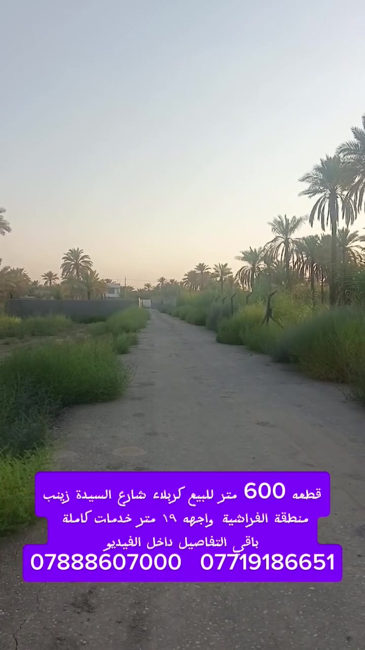 600 متر للبيع كربلاء شارع السيدة زينب منطقة الفراشية واجهه 19 متر خدمات كاملة باقي التفاصيل داخل الفيديو طابو صرف زراعي ***********
***********
