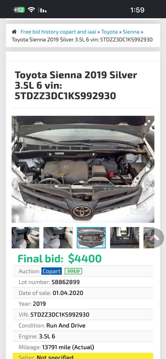 السلام عليكم
تيوتا سينا 2019 للبيع
فئة L
السياره مصبوغه عام لغرض تحويل رقم اجره اللون البلادي سلفر 
سياره ابواب ميكانيك
 مواصفات ال L معروفه
رادار 
تكمات ستيرن
كروز سرعه
تحديد مسار
ماكن السياره الانبار حديثه ***********
