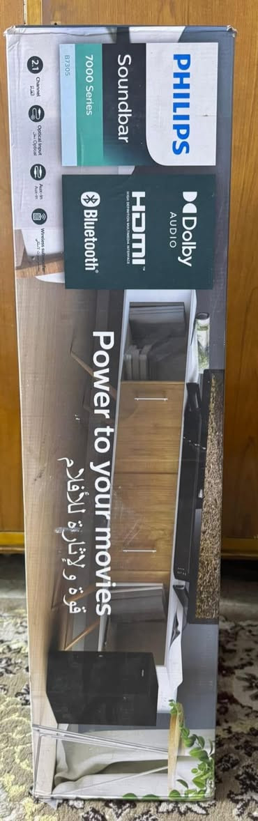 Philips soundbar B7305
القطعة جديدة غير مستخدمة باللوك مال الشركة بيدك تفتحه 

السعر 225 الف 

Audio Inputs

Digital Optical TOSLINK, HDMI, 3.5 mm Jack, USB, AUX

Compatible Brand

Universal

Color

Black

Connectivity

Bluetooth, Wireless, Wired, HDMI

Impedance

6 Ohms

RMS Power

300 W

Shape

Rectangular

System Configuration

2.1 Channel

Surround Sound Formats

Dolby Digital Plus, Dolby Digital

Features

Bluetooth, Remote Control

Compatible Model

Universal


**إذا كنت صاحب هذا الإعلان وتريد حذفه لأي سبب، رجاءا أرسل رسالة إلى الدعم الفني**