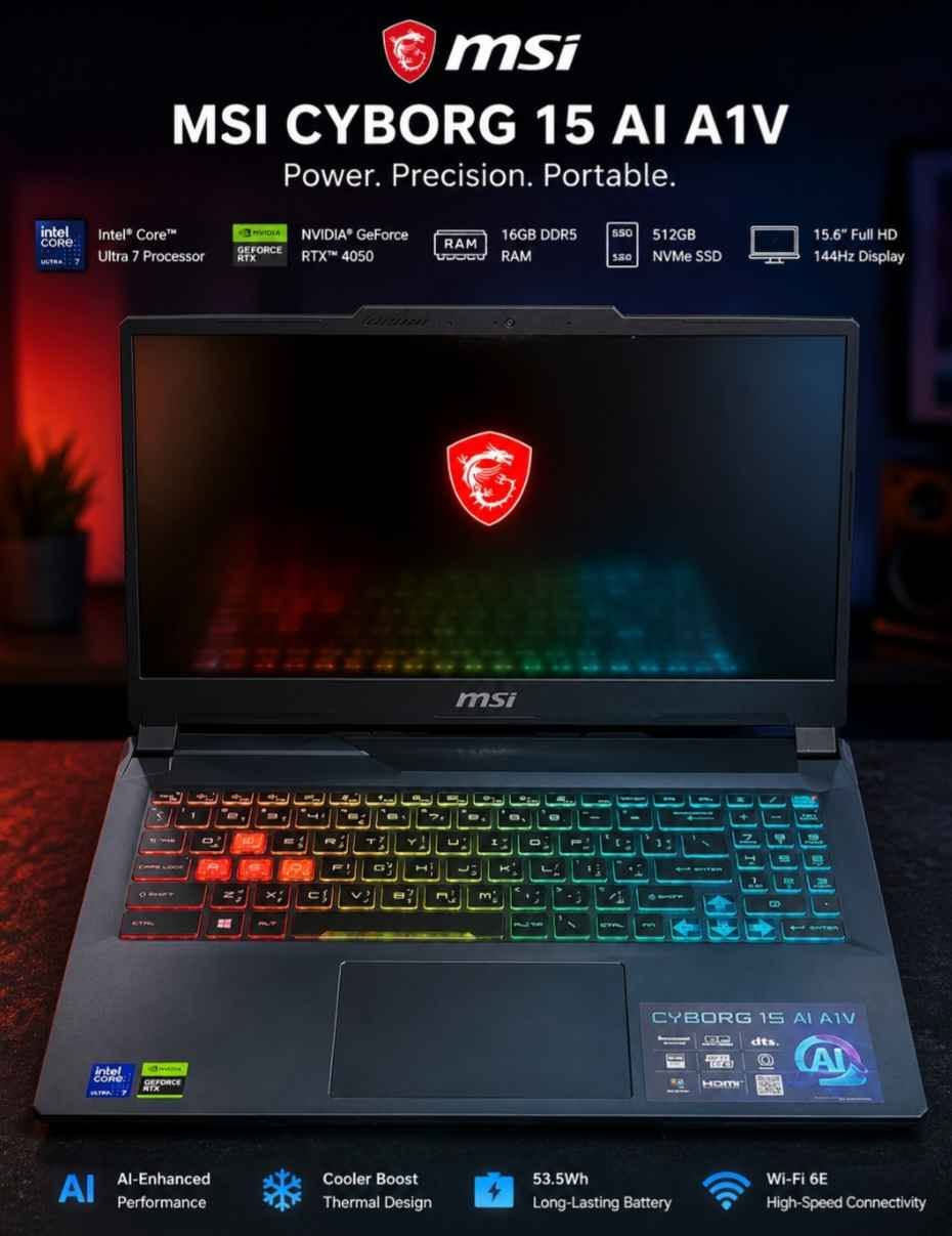 ئەم لاپتۆپەی ناو وێنەکە مۆدێلی MSI Cyborg 15 AI A1Vـەیە
لاپتۆپێکی بەهێز و مۆدێرنی یاریکردن (Gaming) و کارە قورسەکانە، کە تایبەتمەندییەکانی زۆر باشن 

●​پڕۆسێسەر: Intel Core Ultra 7 155H
●​ڕام: 16GB DDR5
●​هارد: 512GB NVMe SSD
●​کارتی شاشە: NVIDIA GeForce RTX
●​شاشە: 15.6" Full HD 144Hz (زۆر خێرا بۆ یاری)
●​کیبۆرد: RGB لایت
●​سیستەم: ویندۆز 11 ئەسڵی
​AI Ready (امادەکراو بۆ ژیری دەستکرد): خاوەنی نوێترین تەکنەلۆژیای ئەنتیڵە کە تایبەتە بە کاری زیرەک خێراکردنی پرۆسەکان
​گونجاوە بۆ کێ؟ زۆر گونجاوە بۆ یاریزانان (Gamers)، دیزاینەران و مۆنتاژکارانی ڤیدیۆ (Creators)، و ئەندازیاران.
​دیزاینی مۆدێرن: شێوازێکی سەرنجڕاکێش و کیبۆردی ڕەنگاوڕەنگی هەیە.

لاپتۆپێکی زۆر خاوێنەو ماڵی دۆستە 

مەجالی تێدایە ١.٥٠٠.٠٠٠ دیناری عێراقی

بۆ زانیاری زیاتر پەیوەندی بکەن بەم ژمارە مۆبایلەوە

*********** السليمانية, العراق
