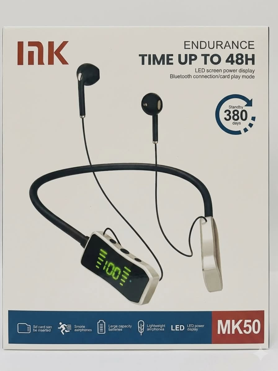 سماعة بلوتوث رياضية INK MK50
✨ المواصفات:
 بطارية قوية تدوم لغاية 48 ساعة
شاشة LED لعرض نسبة الشحن بشكل واضح
اتصال Bluetooth 5.2 سريع وثابت
 يدعم تشغيل عن طريق كرت ميموري (SD Card)
تصميم رياضي مريح (Neckband) مناسب للاستخدام الطويل
صوت نقي مع تقليل الضوضاء (HD Voice)
مقاوم للعرق والمطر (مناسب للرياضة)
🔘 المميزات:
تحكم كامل بالصوت والمكالمات من الأزرار
خفيف الوزن ومريح للرقبة
بطارية كبيرة تدوم لفترة طويلة بدون شحن متكرر
 محتويات العلبة:
سماعة INK MK50
كيبل شحن

 السعر:
15 الف والتوصيل مجاني


**إذا كنت صاحب هذا الإعلان وتريد حذفه لأي سبب، رجاءا أرسل رسالة إلى الدعم الفني**