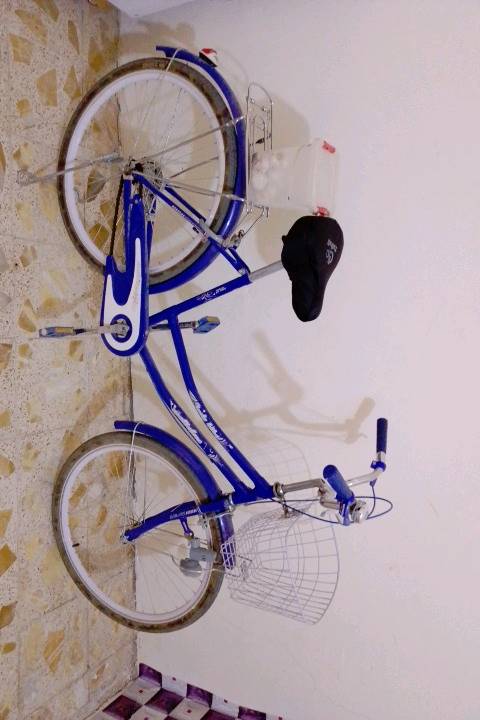 بايسكل رياضي باللون الأزرق متوفر للبيع. مزود بسلة أمامية لسهولة حمل الأغراض، وبكرسي مريح. تصميم جذاب ومناسب للاستخدام اليومي أو الرحلات القصيرة.