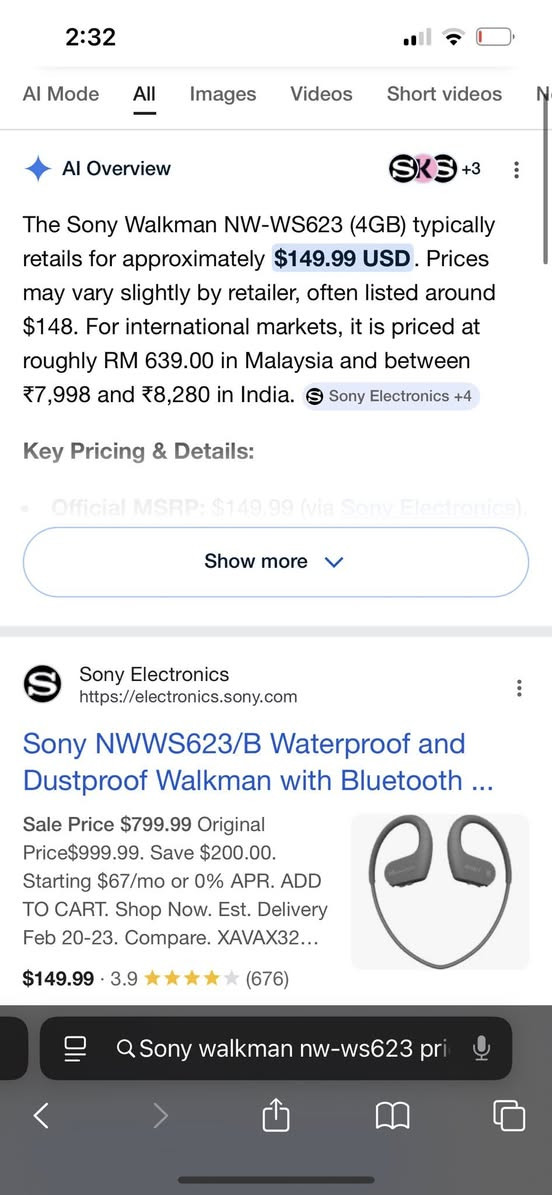 سماعه سوني واكمان nw-ws623
ضد المي و داخلها ٤ كيكا وتربط بلوتوث 
جنت عارضها ب ٩٠ بس مستعجل على بيعتها انطوني بيها سعر


**إذا كنت صاحب هذا الإعلان وتريد حذفه لأي سبب، رجاءا أرسل رسالة إلى الدعم الفني**