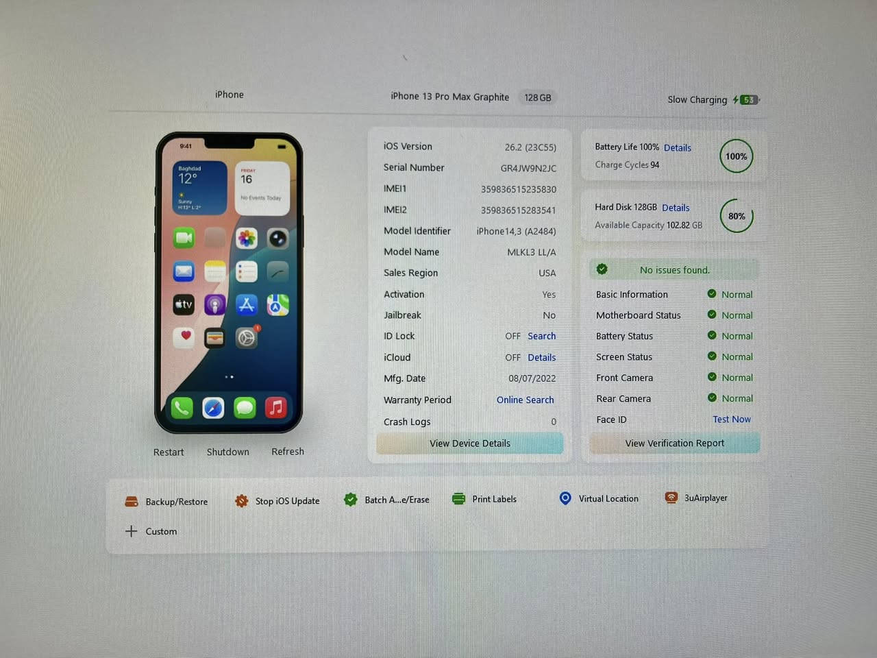 ايفون ١٣ برو ماكس اخو الجديد ذاكرة ١٢٨ ، بطارية ١٠٠٪؜ بدون باكيت فقط الجهاز وحده 

السعر ٦٧٥ الف

تواصل خاص او واتس اب

***********

وشكرا
