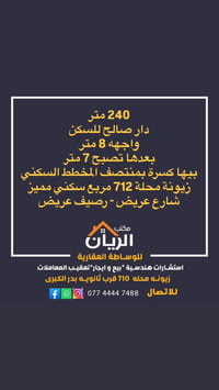 للأستفسار: الريان للأستثمار العقاري / الوساطة العقارية  زيونة محلة 710...