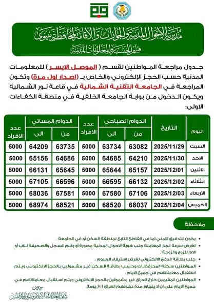 📢 إعلان هام

تكون مراجعة المواطنين لإصدار #البطاقة_الوطنية_الموحدة لأحوال الموصل الأيمن والأيسر كما يلي 👇

◾️ #الموصل_الأيمن
المراجعة للمعلومات المدنية حسب الحجز الإلكتروني والخاصة بـ (إصدار أول مرة)،
📍 المكان: جامعة الموصل – قاعة مسبح التربية الرياضية المغلق
🚪 الدخول من باب ملعب الجامعة في المجموعة الثقافية.

◾️ #الموصل_الأيسر
المراجعة للمعلومات المدنية حسب الحجز الإلكتروني والخاصة بـ (إصدار أول مرة)،
📍 المكان: الجامعة التقنية الشمالية – قاعة ملعب الجامعة المغلق
🚪 الدخول من الباب الخلفي للجامعة في منطقة الكفاءات الأولى.

◾️ أما #الواقعات_الحياتية
فالمراجعة تكون داخل دائرة الأحوال في الفيصلية وحسب الجدول المعلن.
---
📄 يتوفر لدينا:
تنظيم استمارات مراجعة البطاقة الوطنية (الموحدة)
والحجز على البطاقة الموحدة بجانبيها الأيمن والأيسر وللأقضية والنواحي.

📍 العنوان:
مكتب محمد للموبايل – الموصل الأيسر/ حي سومر/التقاطع الأول بداية الشارع المولدات مقابل سوق المسقف للخضروات.

📞 للاستفسار:
***********
***********
